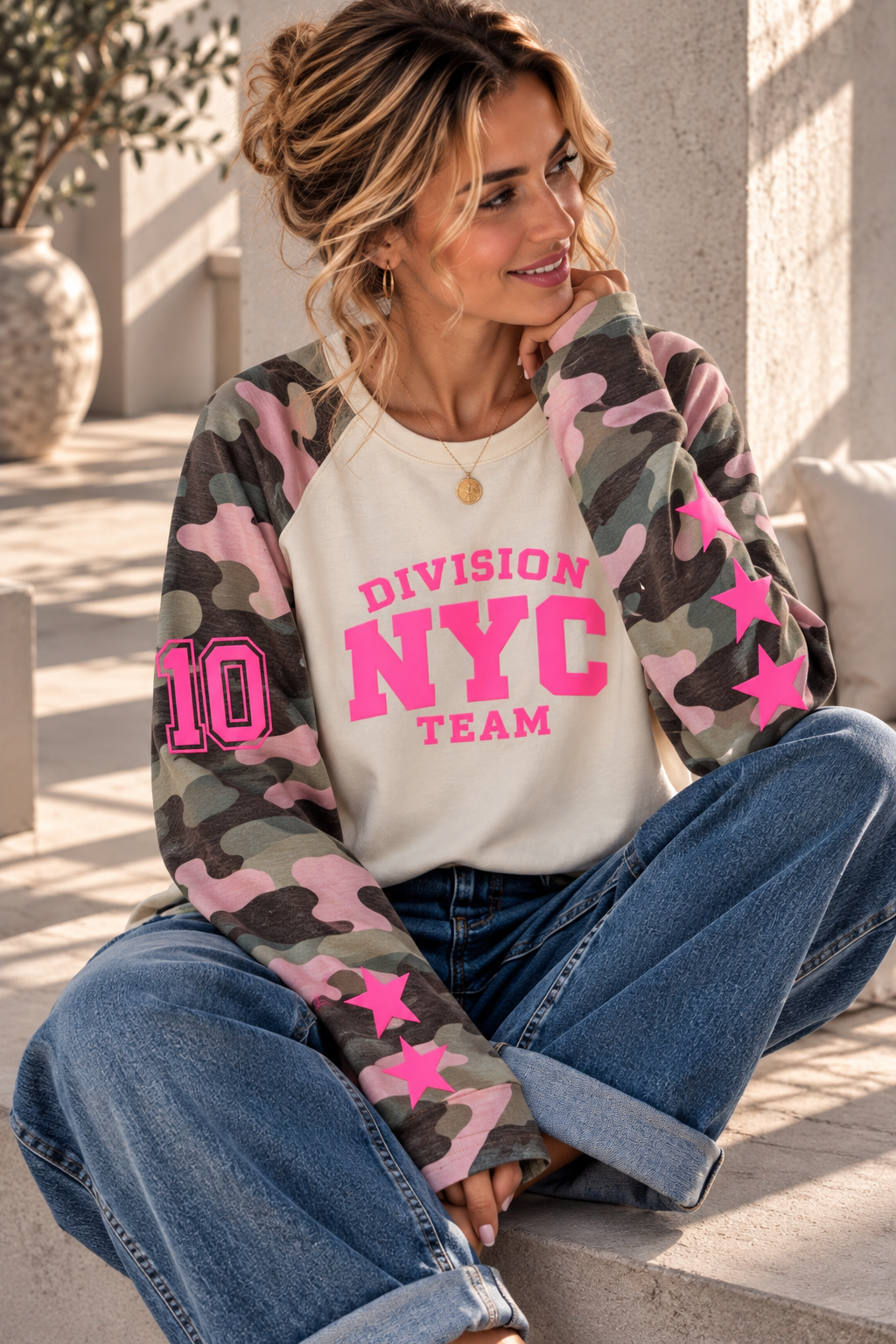 SW0115 – Statement-Shirt mit Camouflage & Neon-Details Gr. 34-42/44
