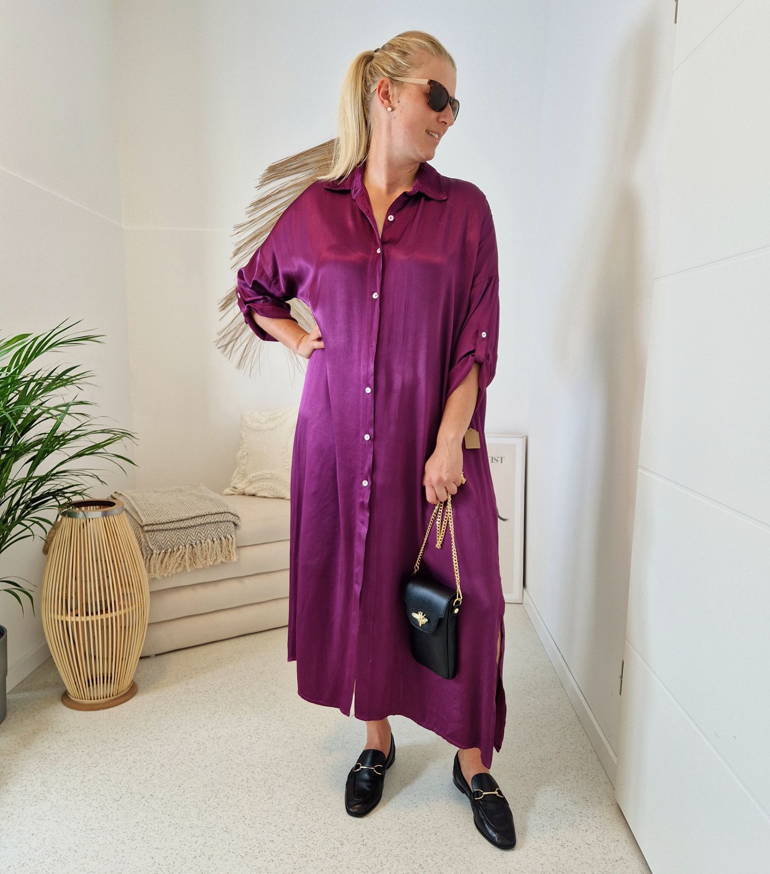 BLUSENKLEID NORA LILA 34-42/44 Made in Italy Oversize Maxi Kleid Mantel DRESS Satin Optik BLUSENKLEID NORA LILA 34-42/44 Made in Italy Oversize Maxi Kleid Mantel DRESS Satin Optik