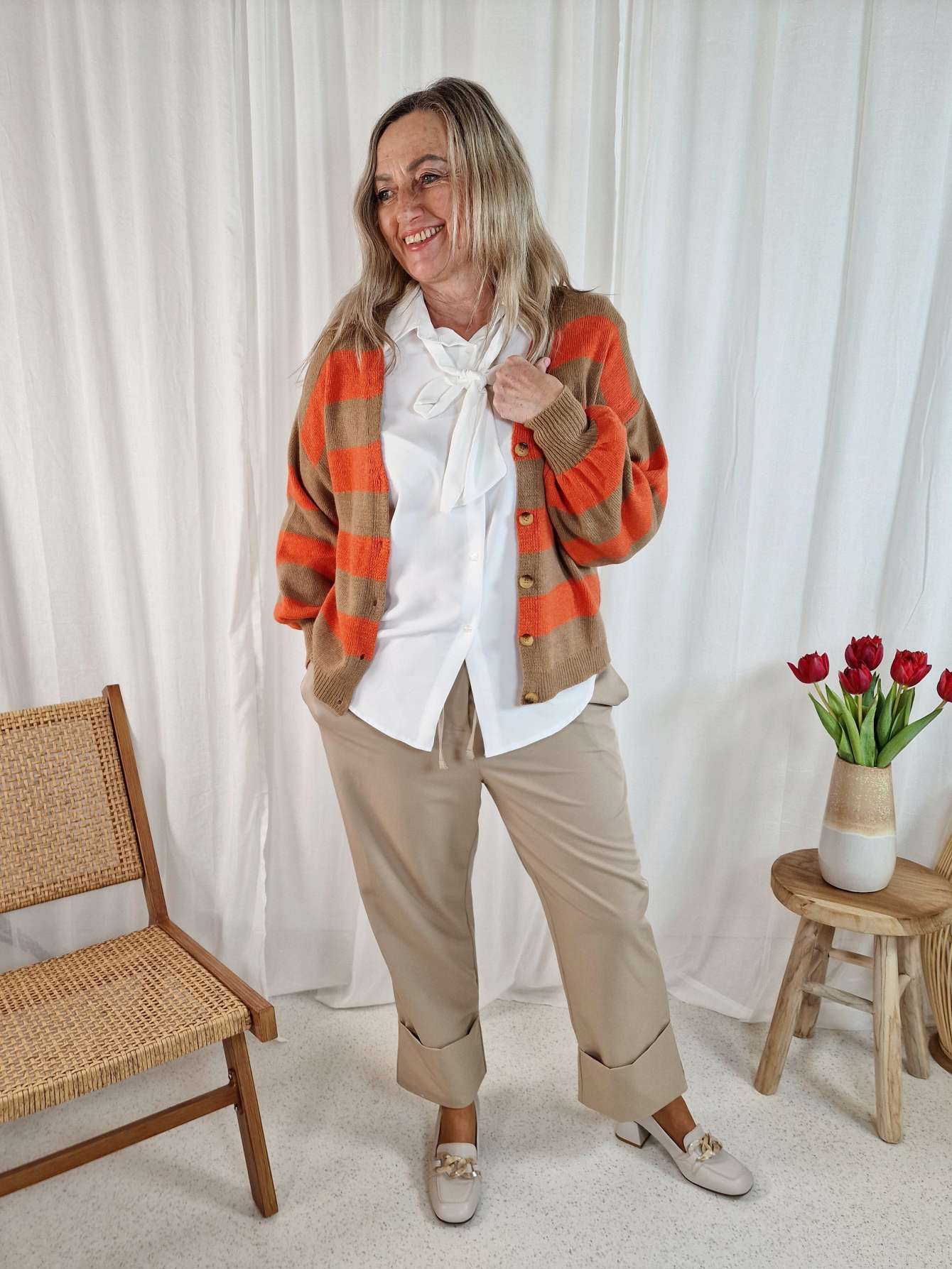 LIGHT KNIT CARDIGAN VERENA STRIPES CAMEL ORANGE 34-40/42  Made in Italy Strickjacke Cashmere