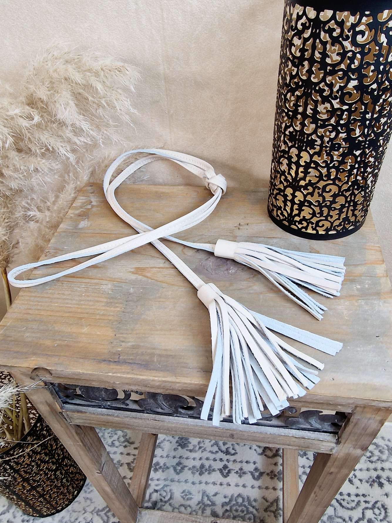 BELT BINDE GÜRTEL NERO CREME Made in Italy dünner Leder Taillengürtel Quaste