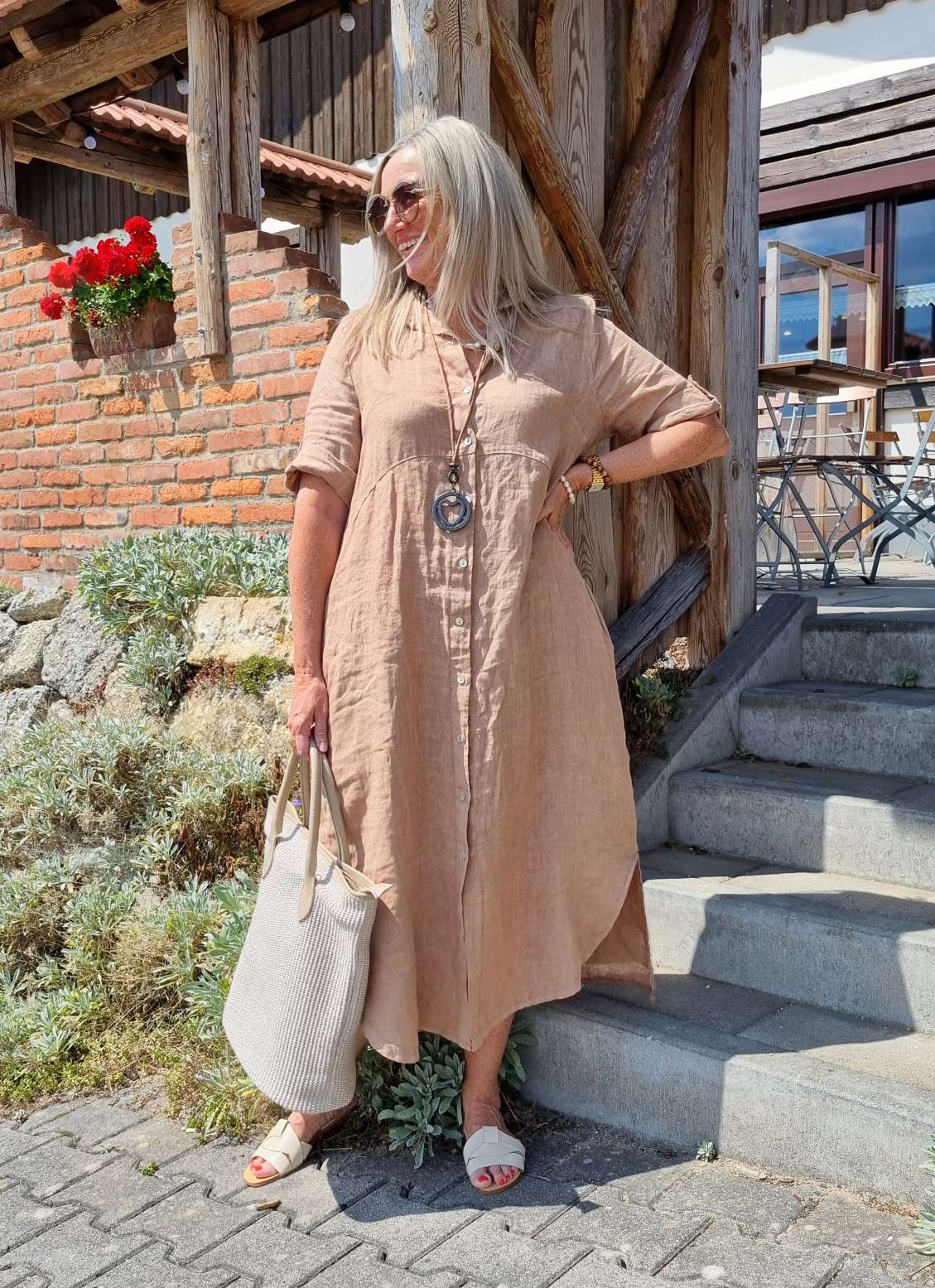 LINEN DESS WILMA CAMEL 34-42 Made in Italy Leinen Kleid Long Bluse Mantel LINEN DESS WILMA CAMEL 34-42 Made in Italy Leinen Kleid Long Bluse Mantel