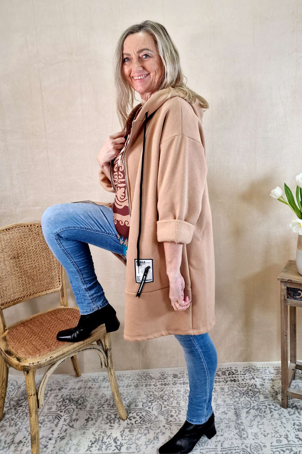 HOODIE SWEATER JACKE CARLO CAMEL 34-42 Made in Italy Oversize lange Sweatshirtjacke HOODIE SWEATER JACKE CARLO CAMEL 34-42 Made in Italy Oversize lange Sweatshirtjacke