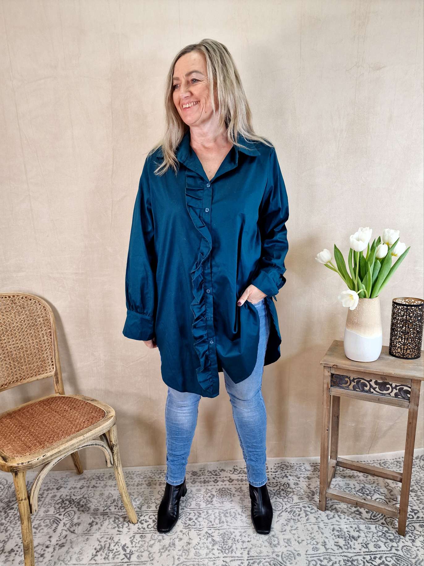 BASIC BLUSE JAMIE LONG PETROL 34-42 Made in Italy Oversize Shirt Hemd LANG Blusenkleid BASIC BLUSE JAMIE LONG PETROL 34-42 Made in Italy Oversize Shirt Hemd LANG Blusenkleid