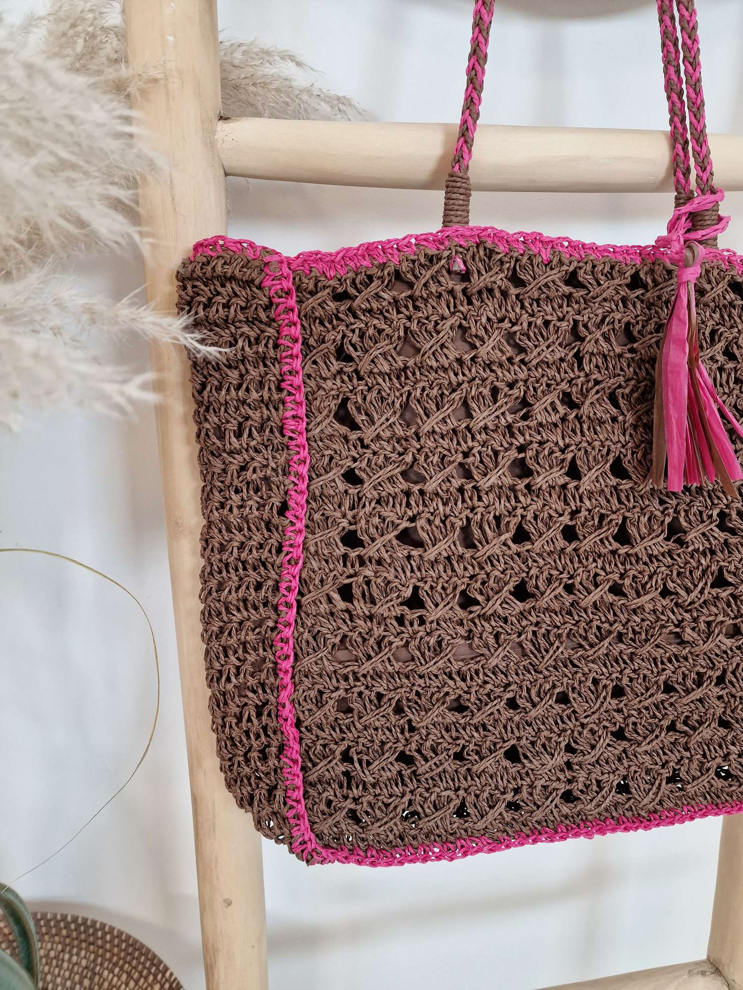 BEACH BAG KENIA BRAUN PINK Italy Design Boho Bohemian Tasche Beach Bag Basttasche Strand