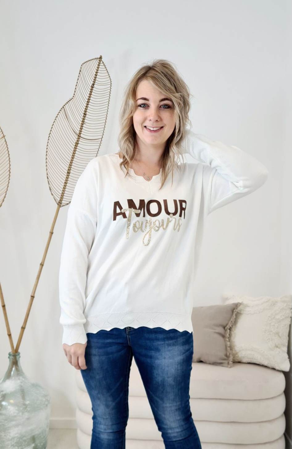 LONGSLEEVE SHIRT AMOUR TOUJORS CREME 34-42Made in Italy Langarm Pullover Oversize
