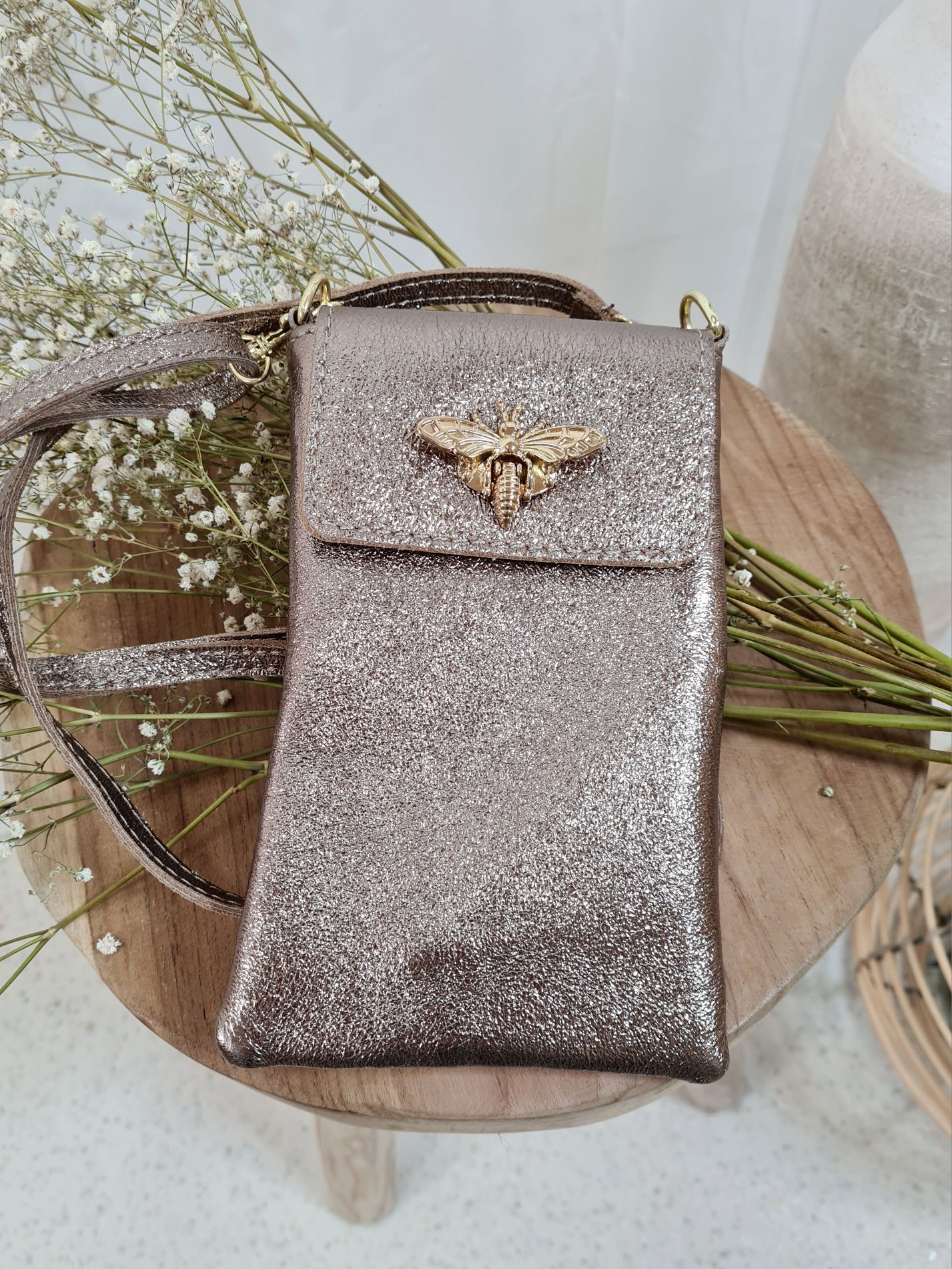 HANDYTASCHE BIENE SMALL METALLIC GOLD Ledertasche Umhängetasche Made in Italy echt Leder Tasche versch. Farbe