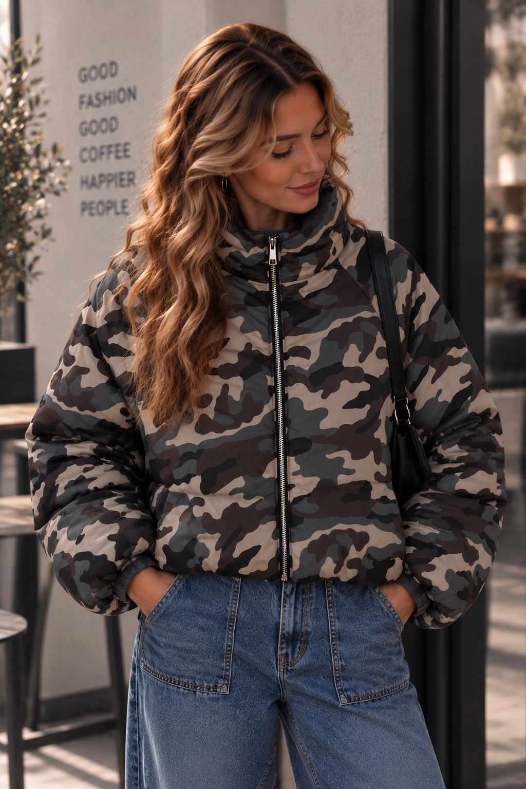 Jacke Puffy Monika CAMOUFLAGE – lässiger Allrounder für die Übergangszeit Made in Italy 34-42