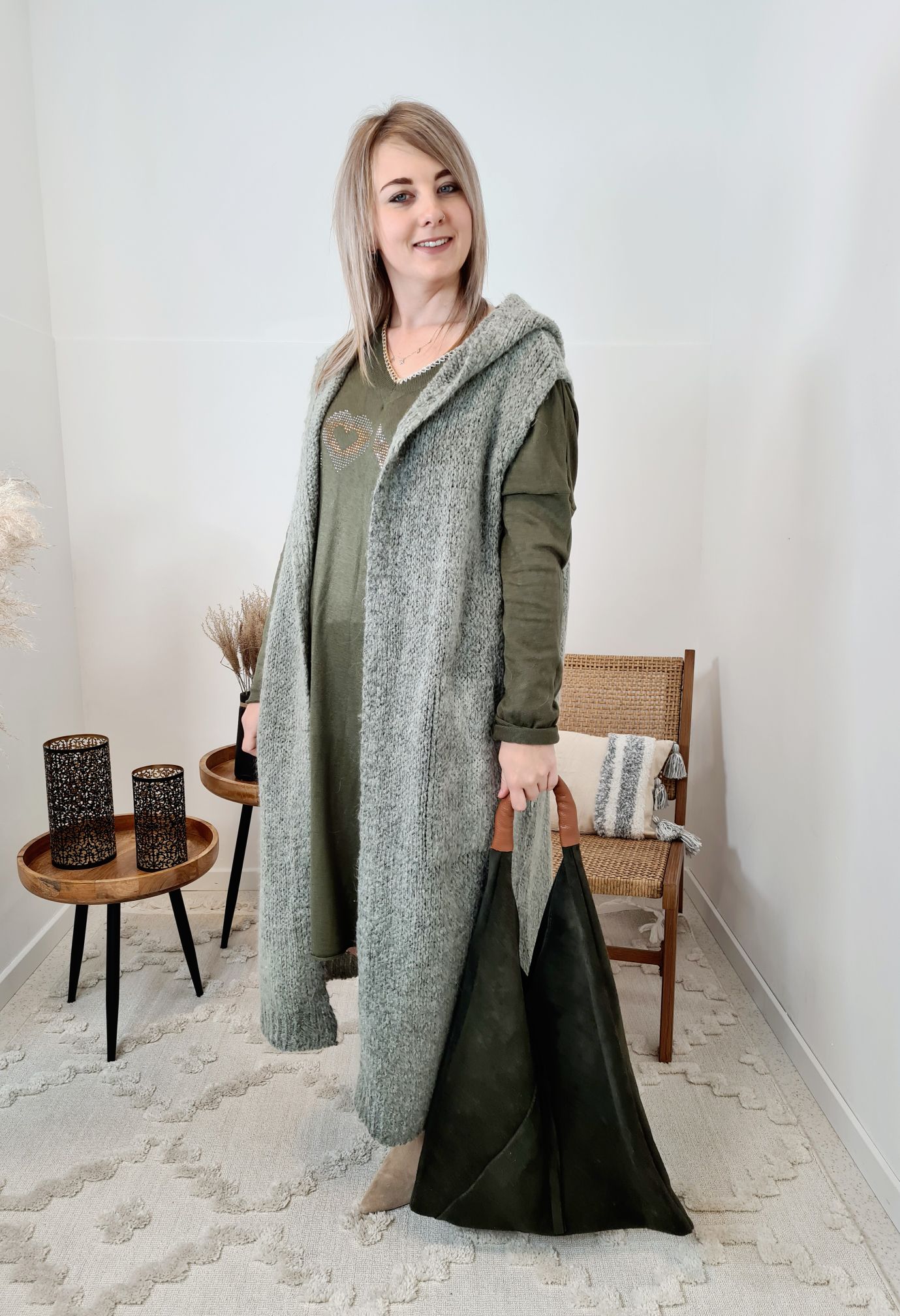 SWEATKLEID ZOEY LOVE KHAKI 34-42 Made in Italy Langarm Strickkleid Oversize SWEATKLEID ZOEY LOVE KHAKI 34-42 Made in Italy Langarm Strickkleid Oversize