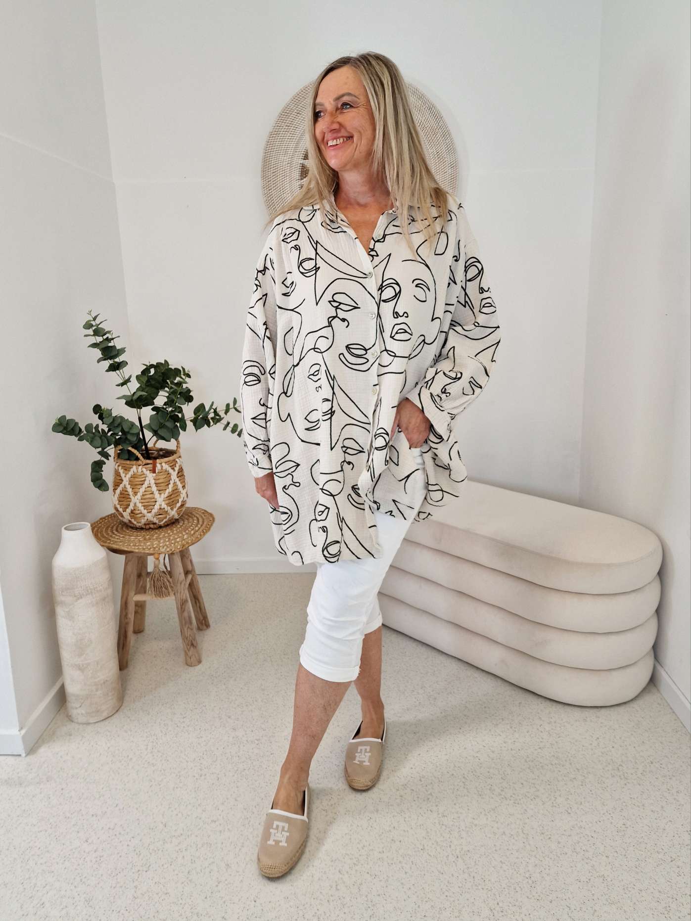 MUSSELIN BLUSE FACE BEIGE Hemd Oversize 34-44/46 Long Shirt Cotton Gaze MUSSELIN BLUSE FACE BEIGE Hemd Oversize 34-44/46 Long Shirt Cotton Gaze