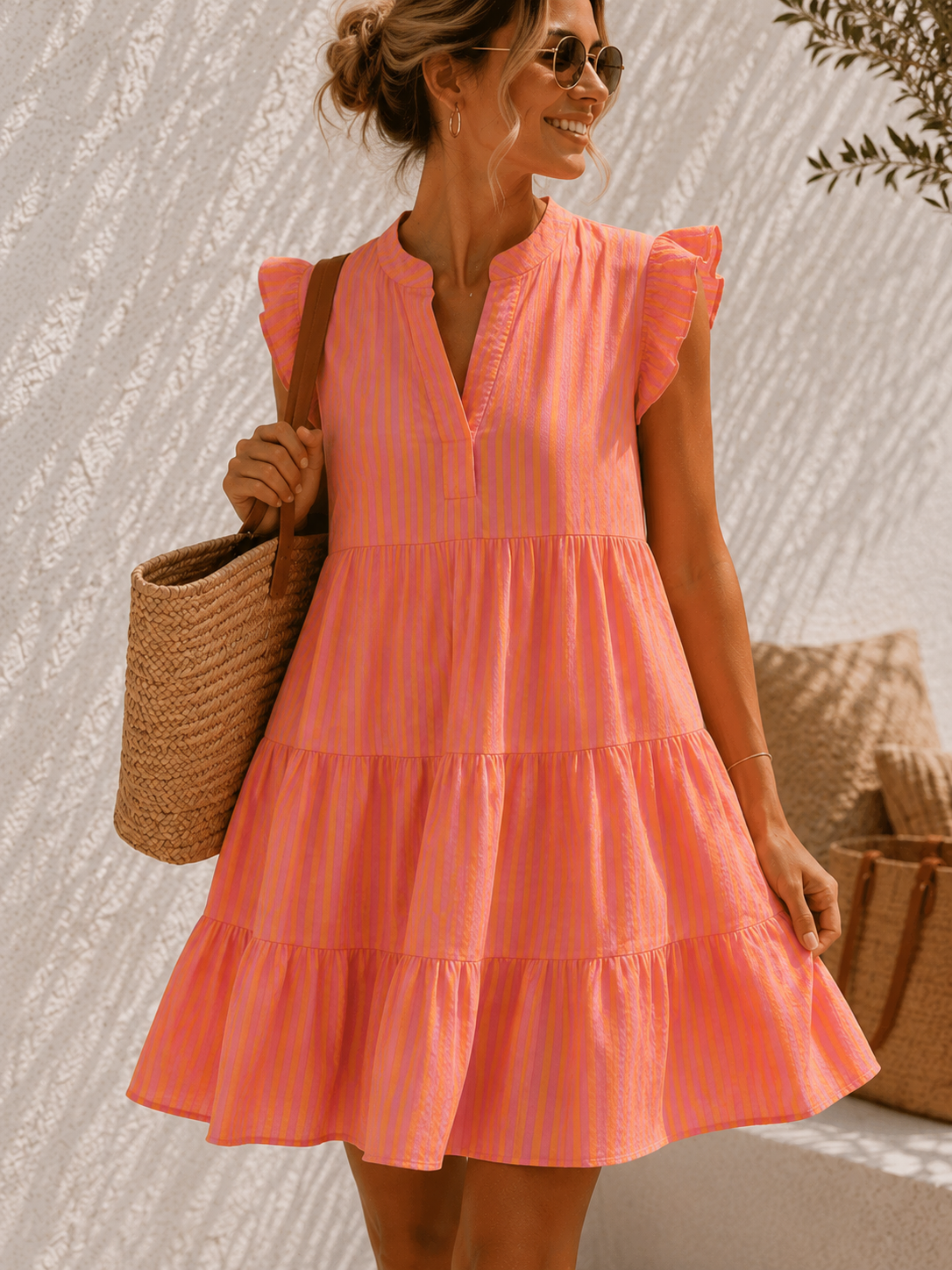 STRIPES MUSSELIN KLEID TAMI ROSA BUTTERLEMON kurz Rüschen 34 - 42