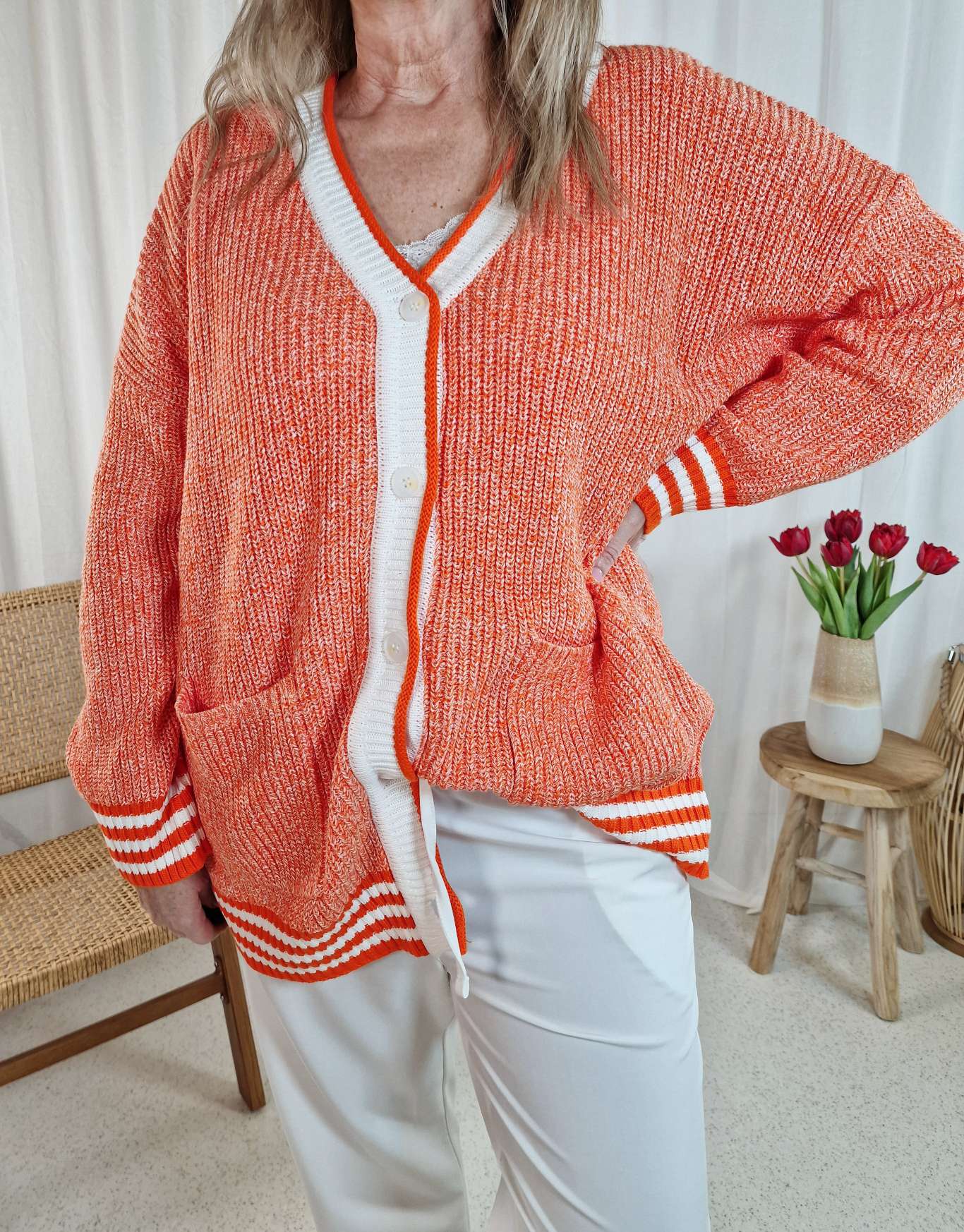 SHORT KNIT CARDIGAN JUNA ORANGE 34-42 Italy Design kurze Strick Jacke Knöpfe