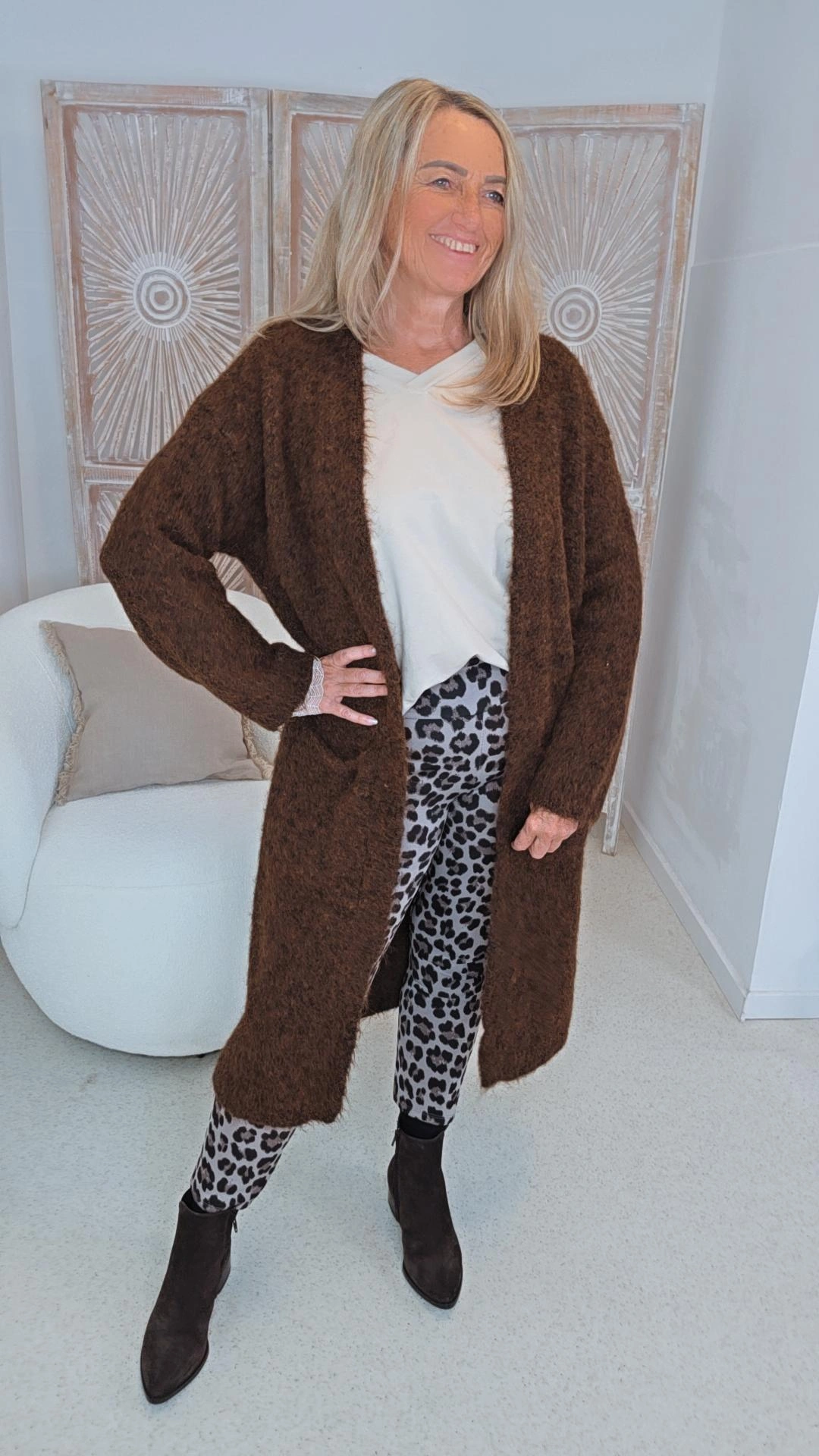 LANGER STRICK-CARDIGAN MANTEL CLARA mit Wolle 34-kleine 44 Made in Italy Strickmantel