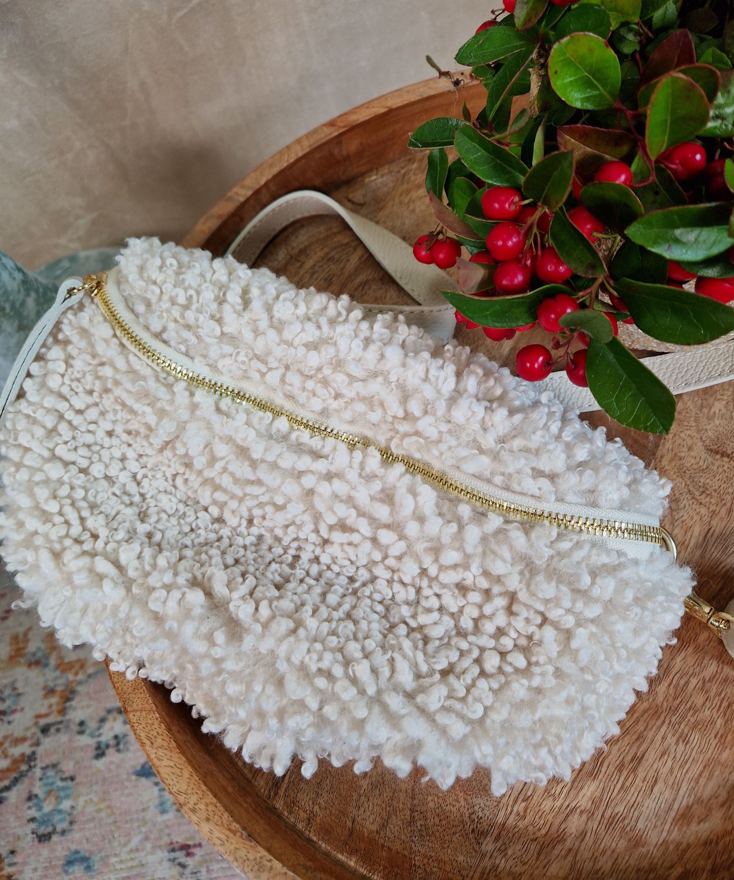 BAUCHTASCHE TEDDY M AURI CREME  Umhängetasche mit Leder Made in Italy  