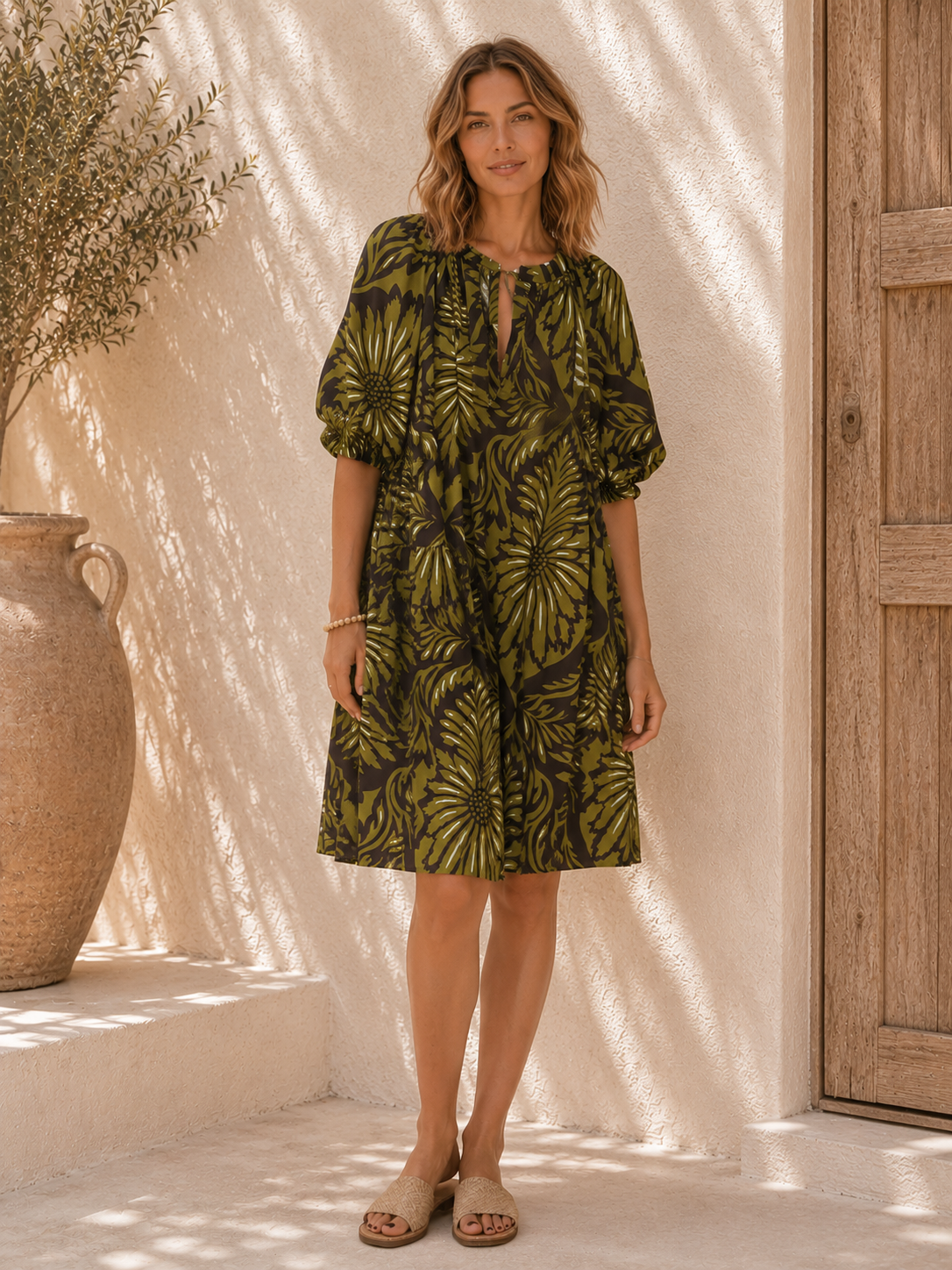 Kleid Kimolos Blätter- und Blumendesign Made in Italy 34-42/44