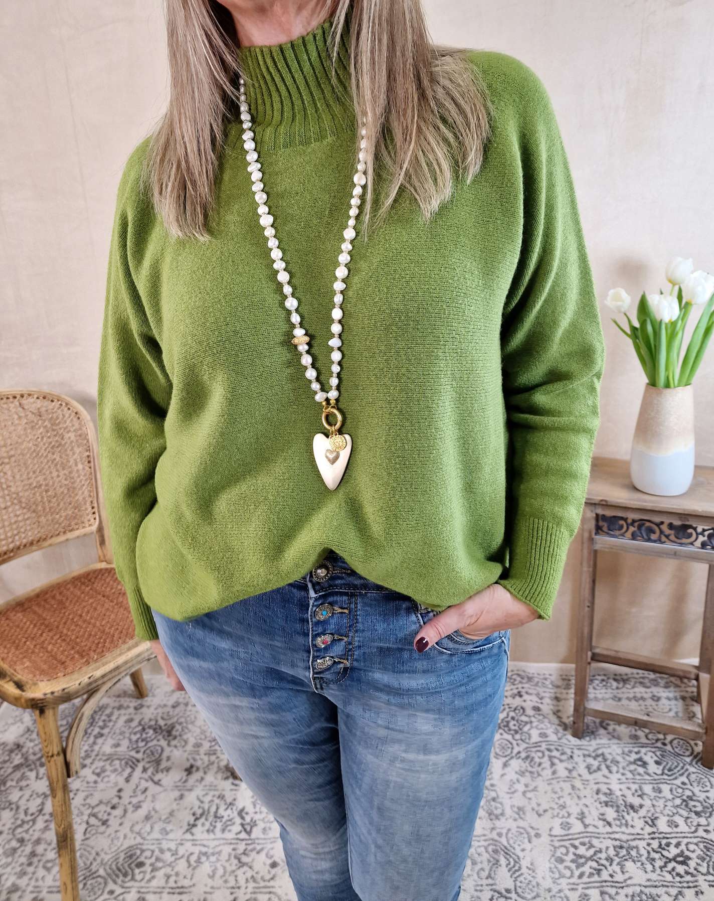 EDLER BASIC ROLLKRAGEN PULLOVER SAMANTHA GRÜN 34-42 Made in Italy Strickpullover Sweatshirt Longsleeve