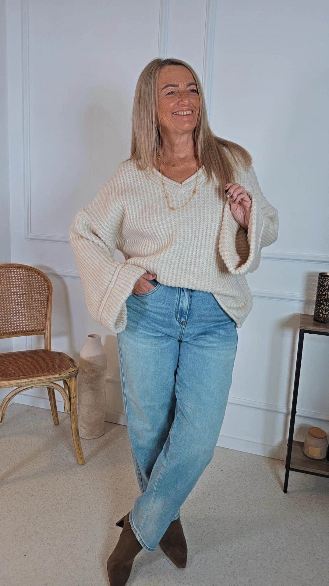 KURZER STRICK PULLOVER IRIS mit Trompetenärmeln 34-44 Made in Italy V-Ausschnitt / Grobstrick