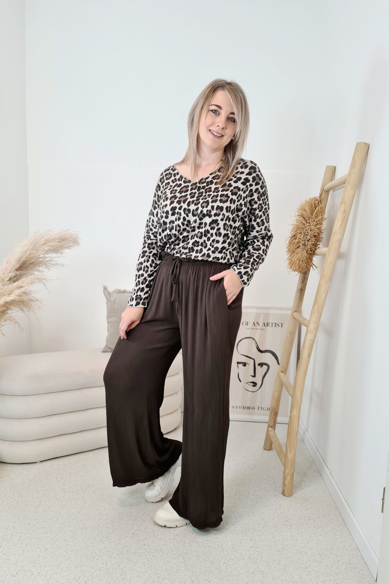 WEITE HOSE INESSA DUNKELBRAUN Viskose Hose Made in Italy Palazzohose PANT Musselin Art 34-40