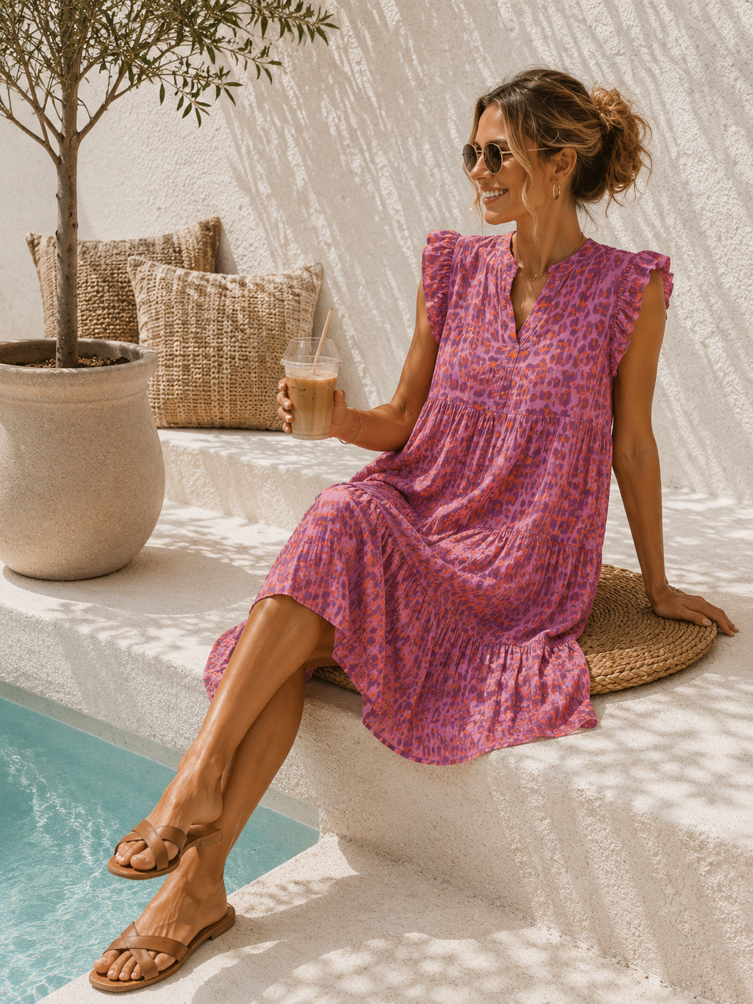MUSSELIN KLEID TAMI FLIEDER Neon Orange Leo kurz Rüschen 34 - 42 Summer Dress