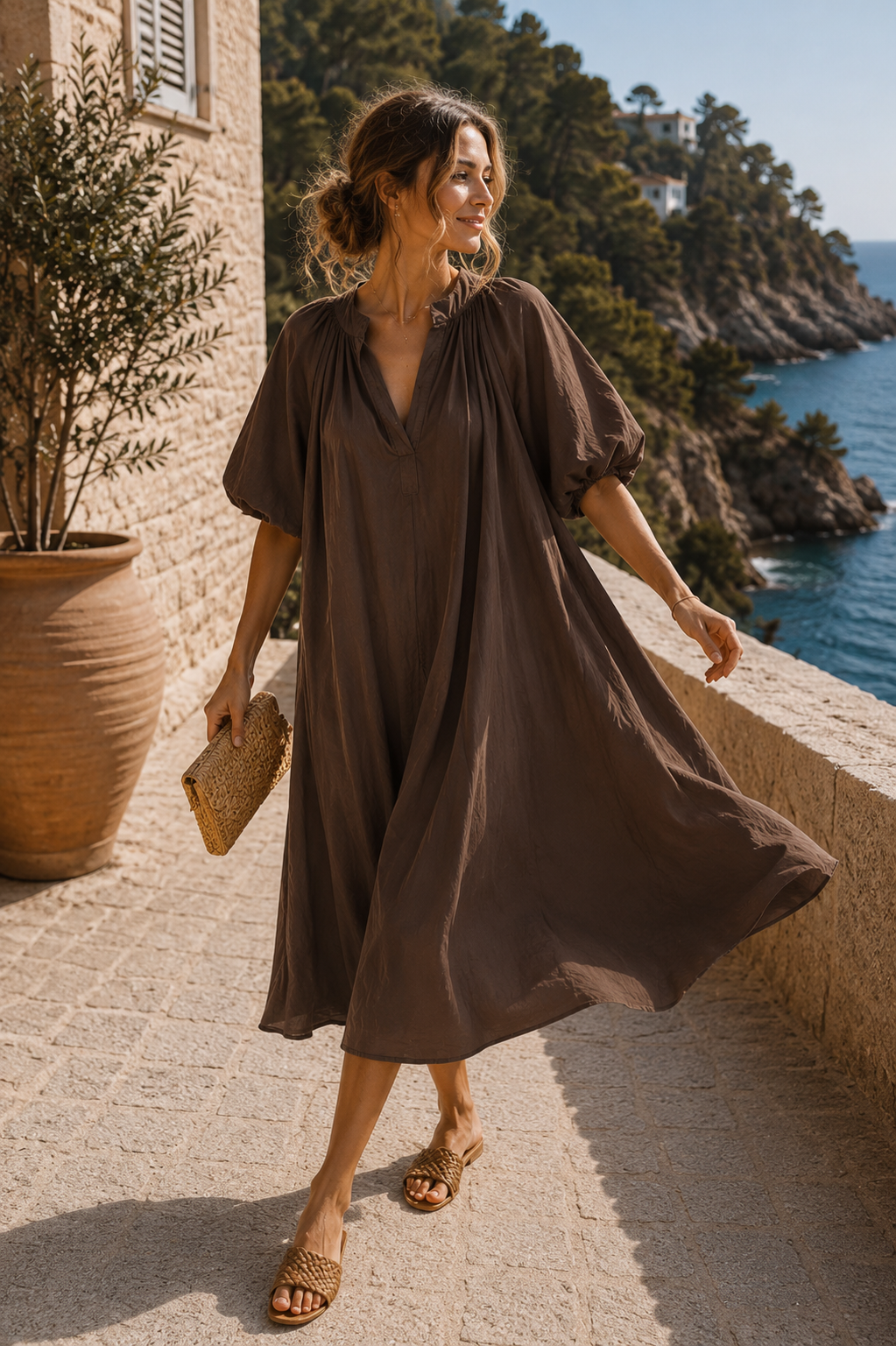 Kleid Kesia lang Tulpenärmel Uni Baumwolle Made in Italy 34-44/46