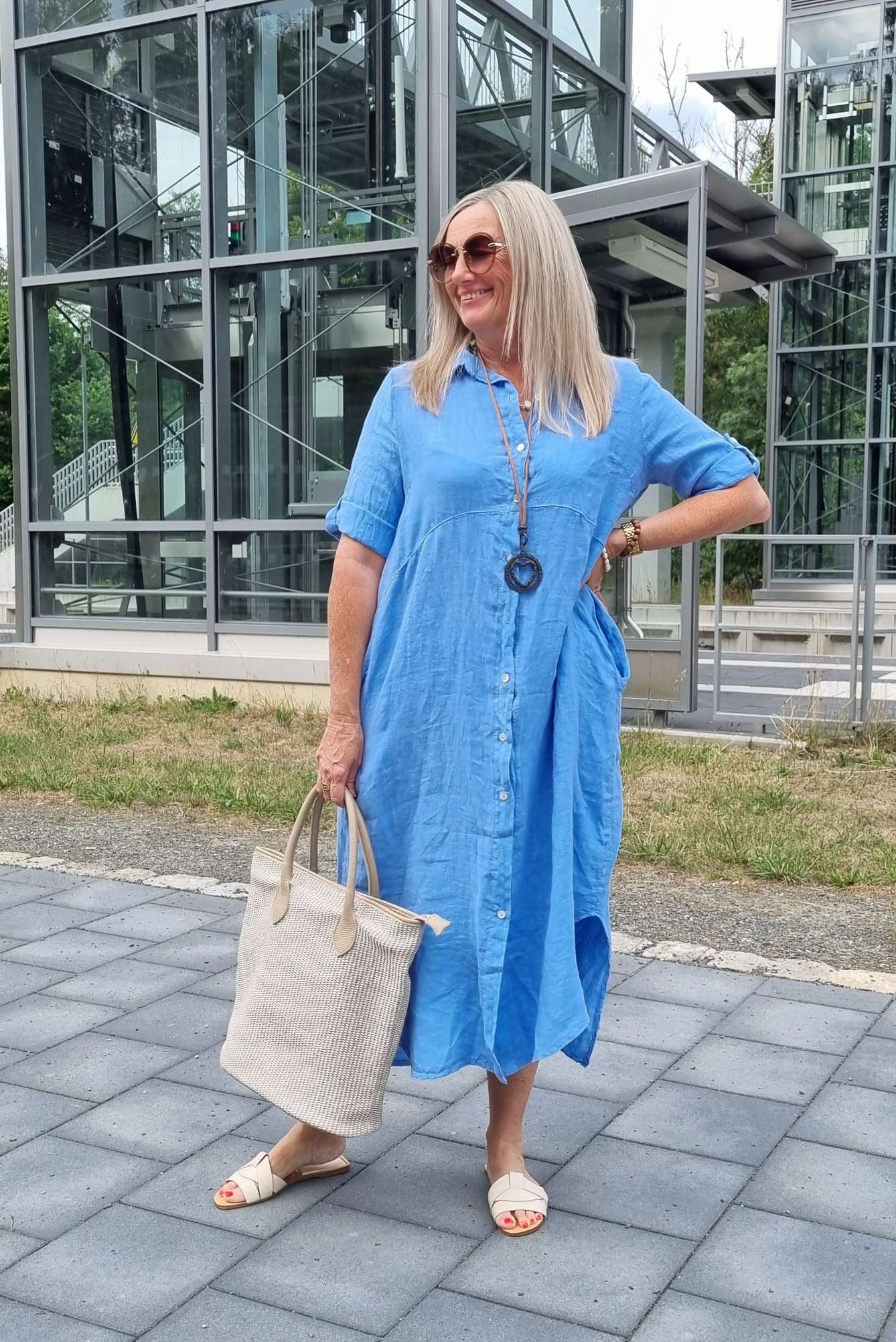 LINEN DESS WILMA DENIM BLAU 34-42 Made in Italy Leinen Kleid Long Bluse Mantel LINEN DESS WILMA DENIM BLAU 34-42 Made in Italy Leinen Kleid Long Bluse Mantel