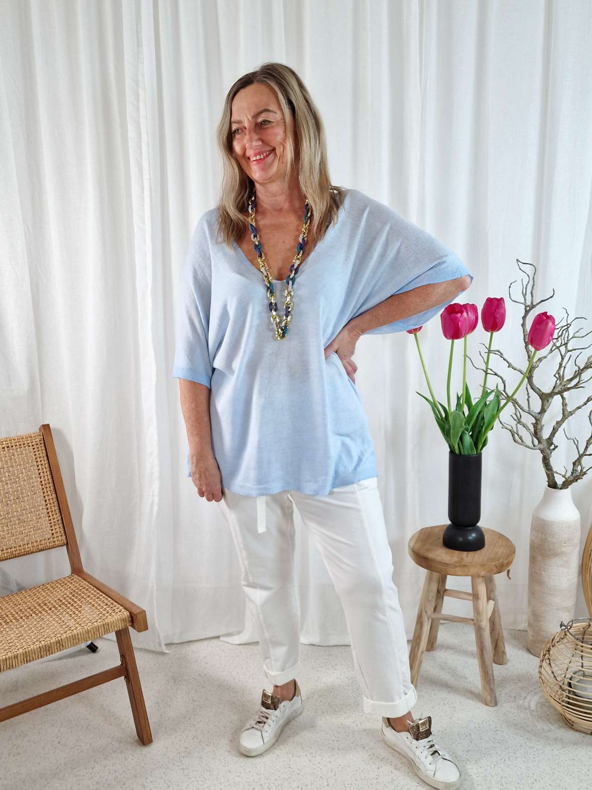 LIGHT KNIT SHIRT MELANIA HELLBLAU  34-42 Made in Italy Basic Oversize T-Shirt Pullover