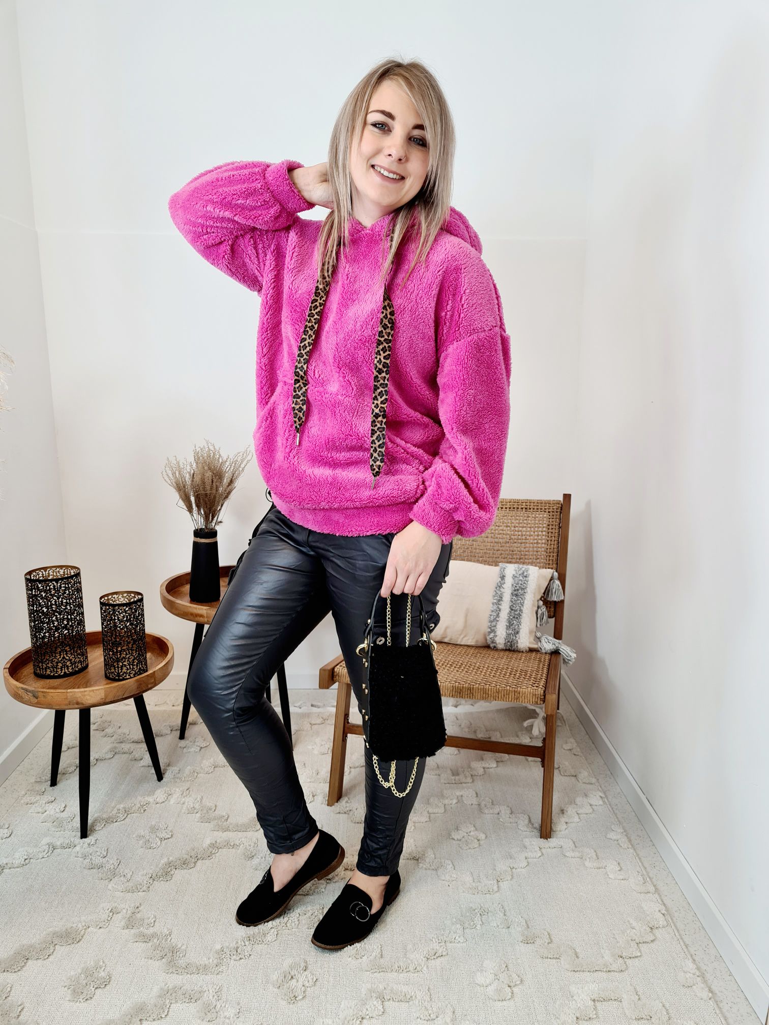 HOODIE ROSIE TEDDY PINK Sweater Kapuze Made in Italy 34-42 Longsleeve Pullover LEO versch. Farben HOODIE ROSIE TEDDY PINK Sweater Kapuze Made in Italy 34-42 Longsleeve Pullover LEO versch. Farben