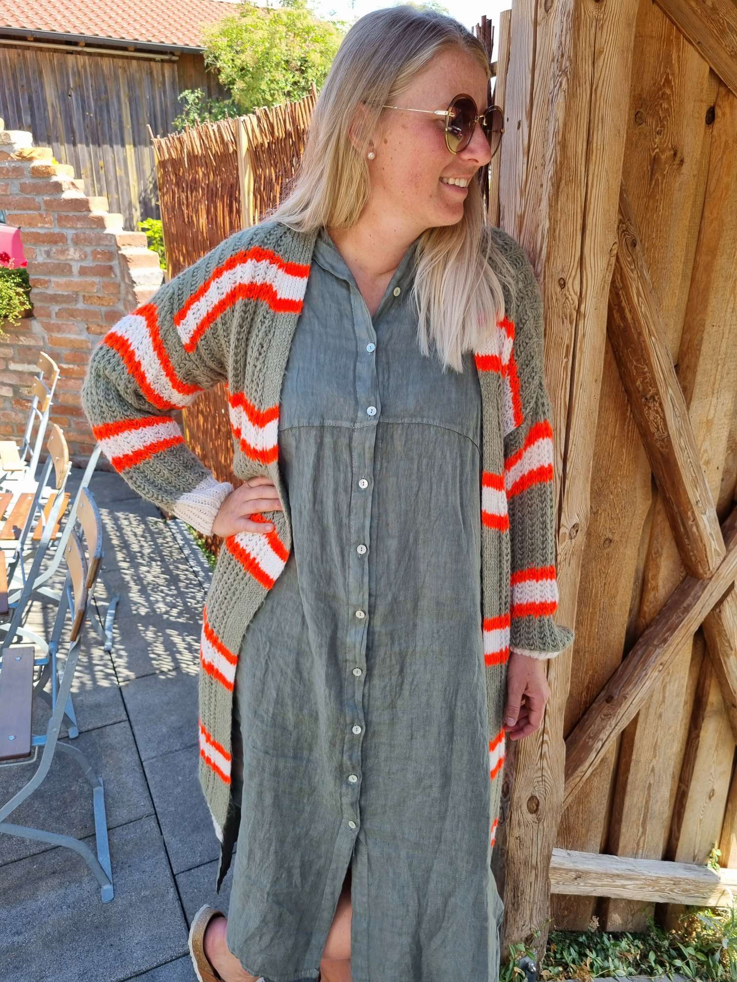 LONG KNIT CARDIGAN MYKONOS STRIPES KHAKI ORANGE CREME langer Strick Mantel Jacke Made in Italy Streifen 34-42 LONG KNIT CARDIGAN MYKONOS STRIPES KHAKI ORANGE CREME langer Strick Mantel Jacke Made in Italy Streifen 34-42
