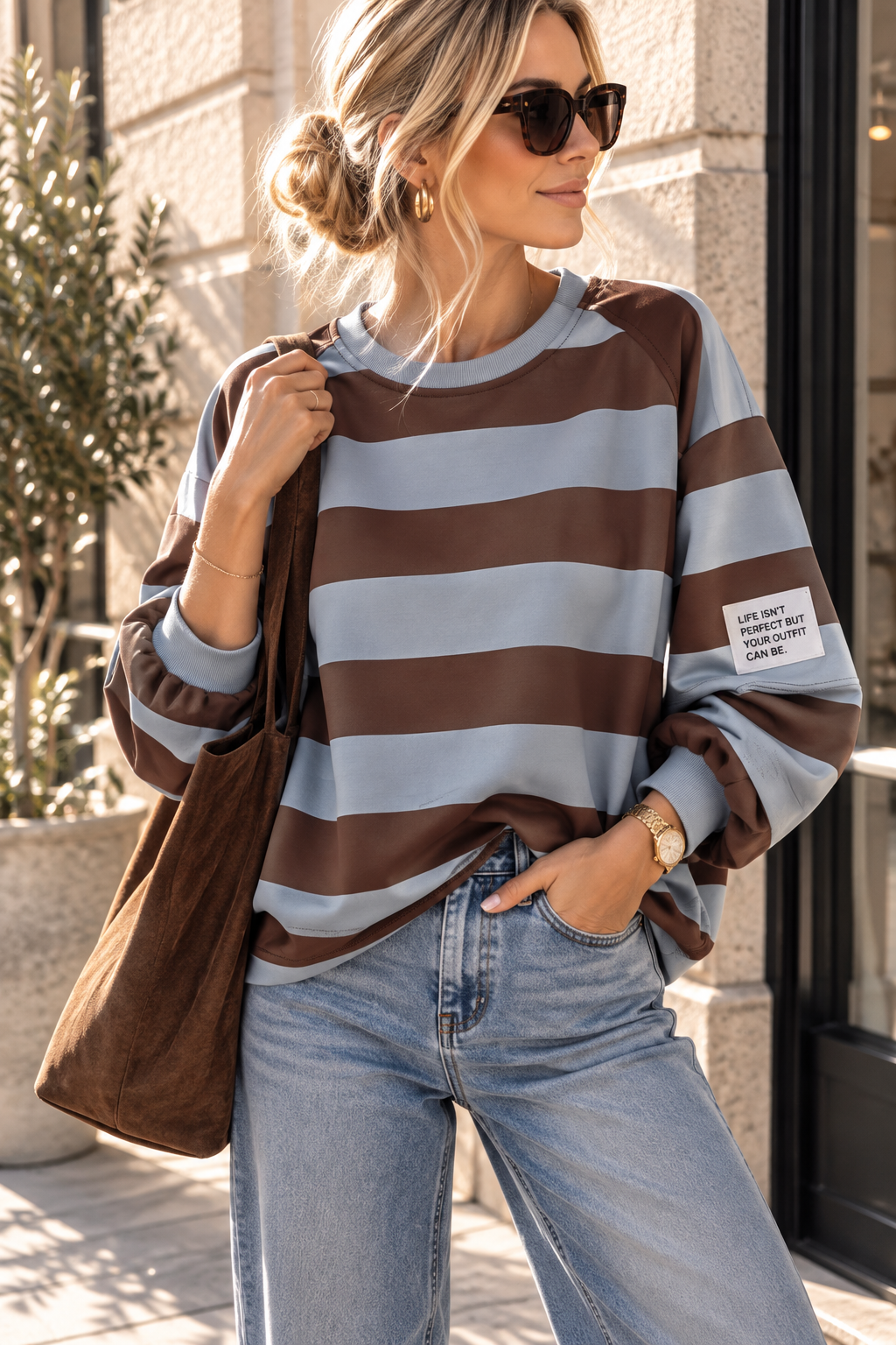 Sweater Butterstoff mit Blockstreifen & Patch I SW0070 I Made in Italy 34-42/44 Sweatshirt