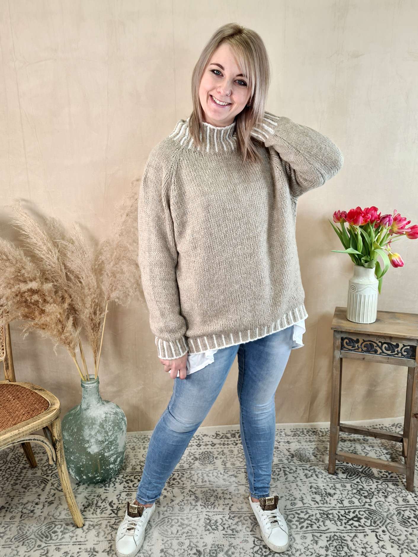 KNIT SWEATER ULRIKE TAUPE Made in Italy 34-42 Strick Pullover KNIT SWEATER ULRIKE TAUPE Made in Italy 34-42 Strick Pullover
