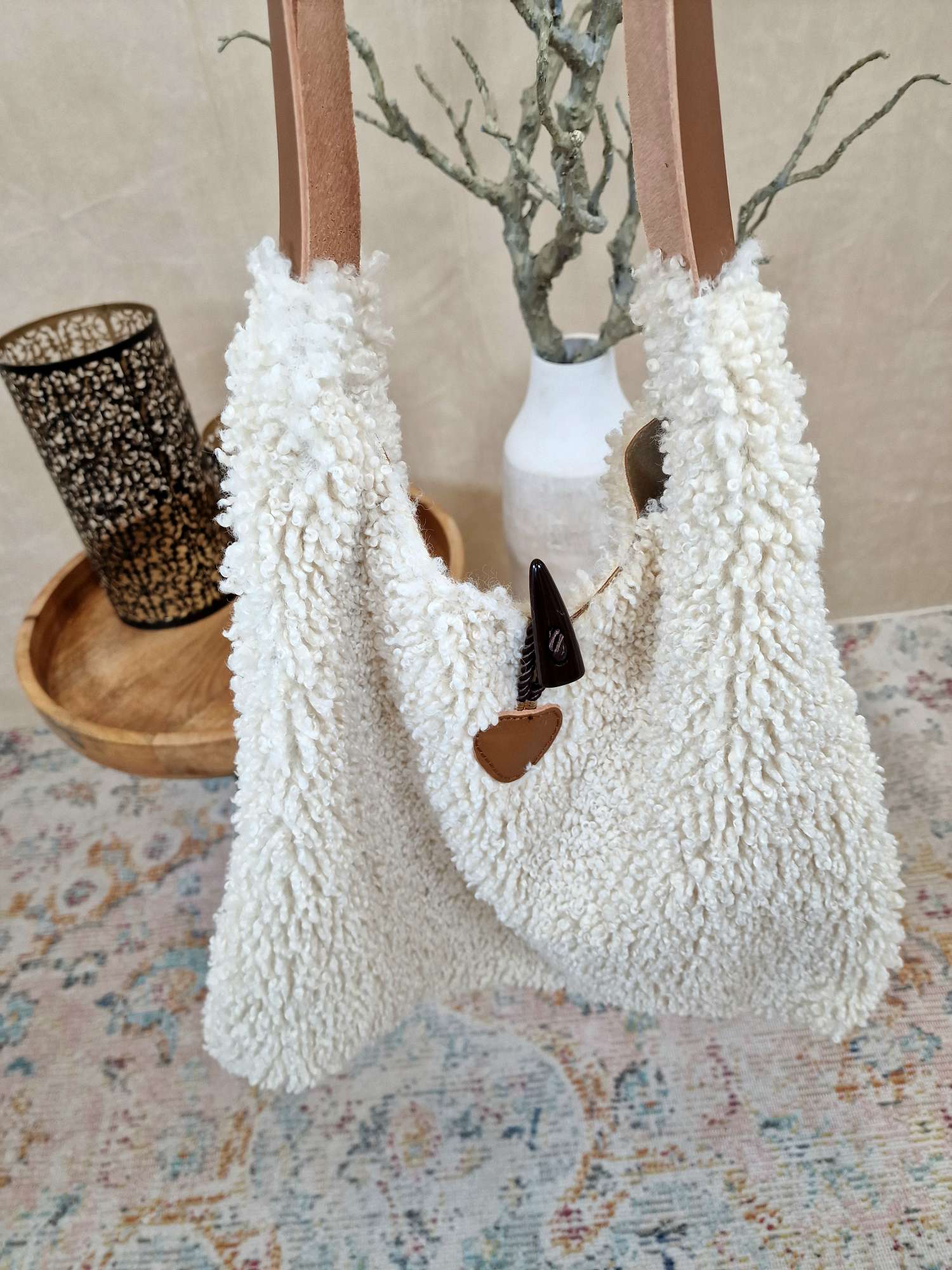 TEDDY FELL SHOPPER LIZZY CREME flauschige Shopping Bag Tasche mit Leder-Henkel Made in Italy TEDDY FELL SHOPPER LIZZY CREME flauschige Shopping Bag Tasche mit Leder-Henkel Made in Italy