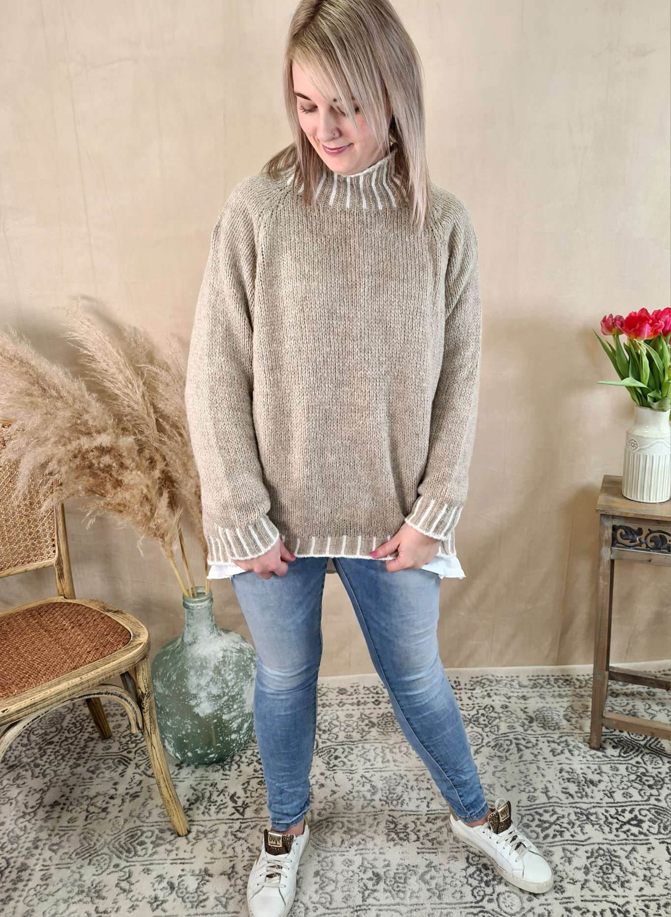 KNIT SWEATER ULRIKE TAUPE Made in Italy 34-42 Strick Pullover KNIT SWEATER ULRIKE TAUPE Made in Italy 34-42 Strick Pullover