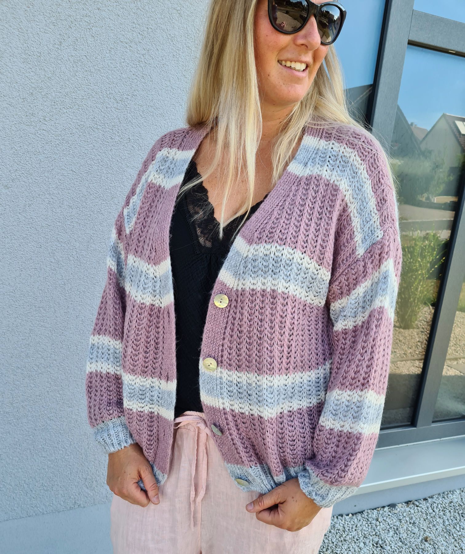 SHORT KNIT CARDIGAN MYKONOS STRIPES BUTTONS ROSA GRAU kurze Strick Jacke Made in Italy Knöpfe Streifen 34-42 SHORT KNIT CARDIGAN MYKONOS STRIPES BUTTONS ROSA GRAU kurze Strick Jacke Made in Italy Knöpfe Streifen 34-42