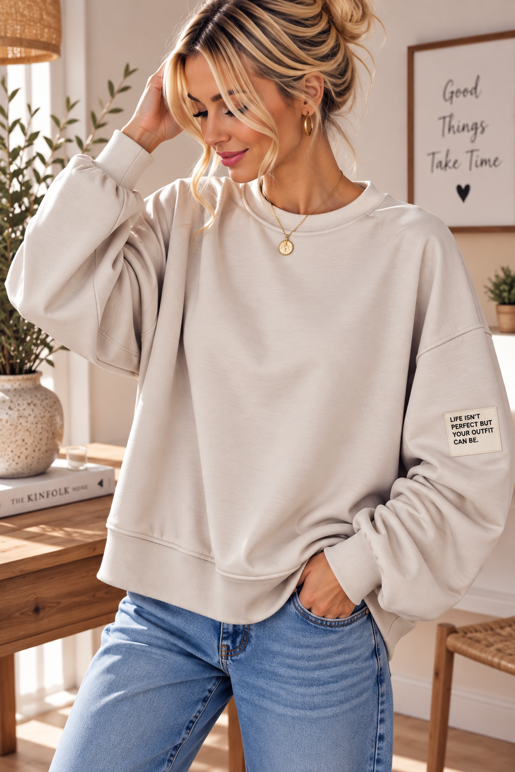 Butterstoff-Sweatshirt uni mit Statement-Patch – SW0094 Made in Italy Gr 34-42