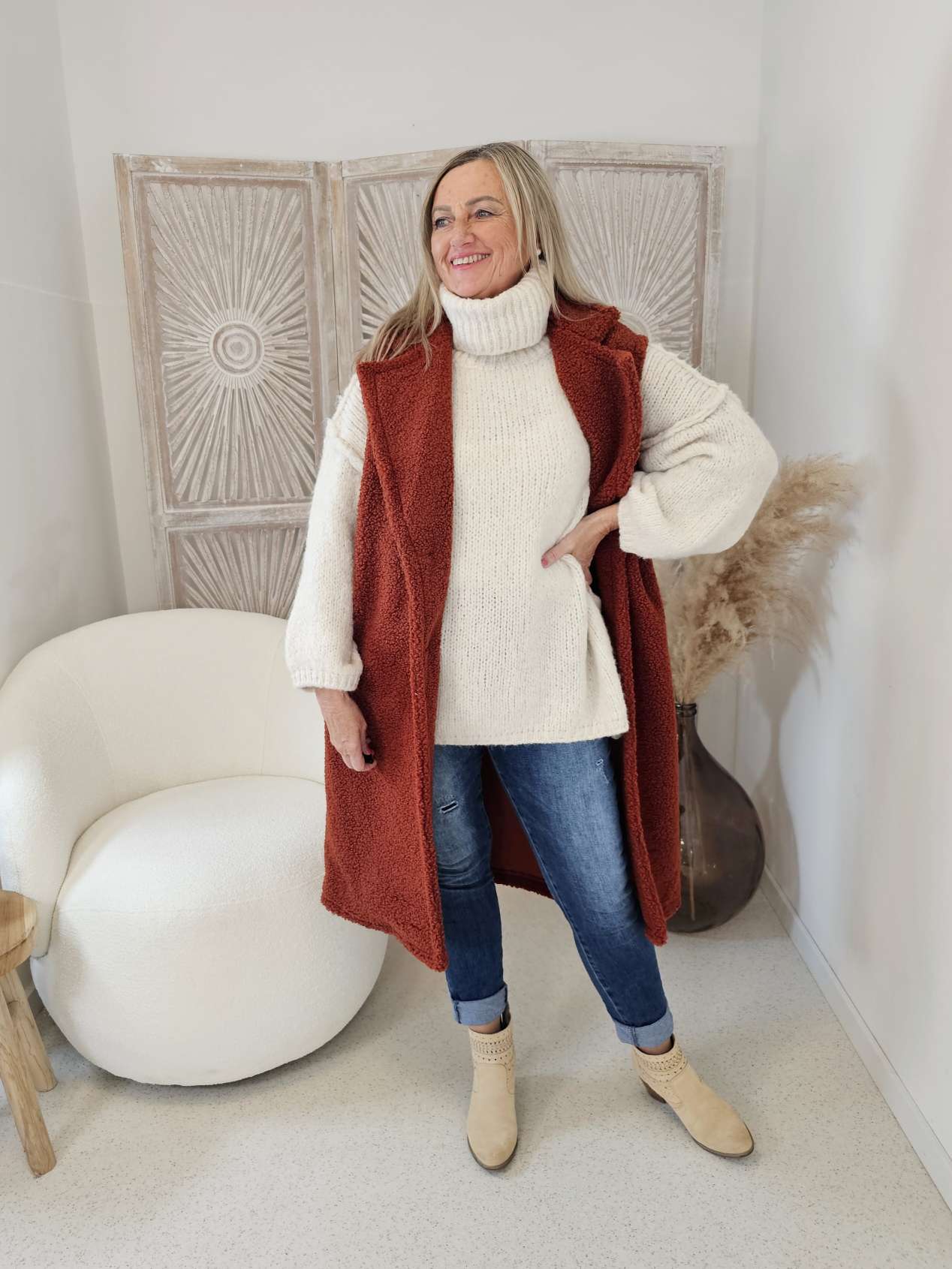 Teddy Weste Damen Ärmellos - Fleece Weste Mit Kapuze Winter Warm