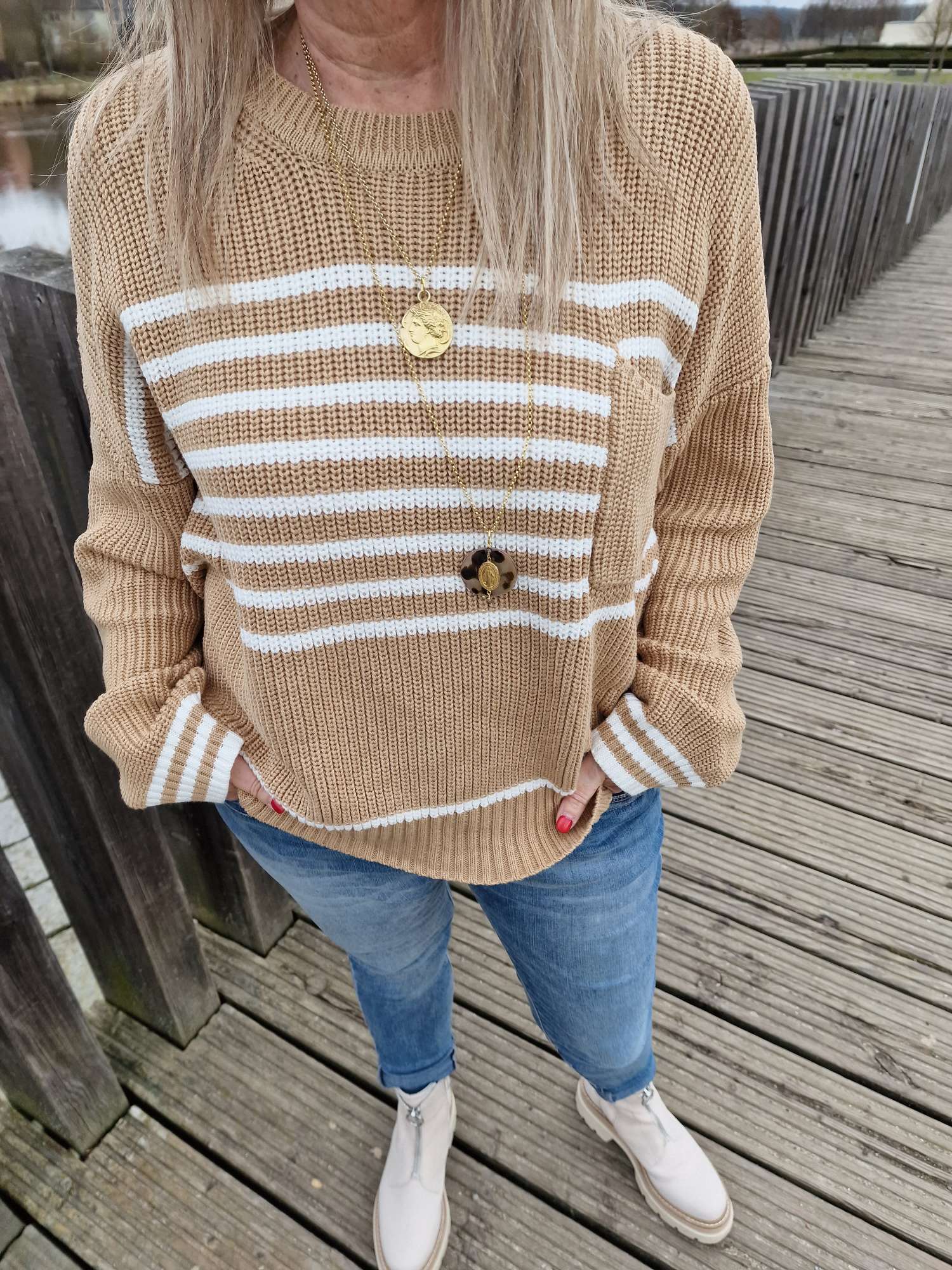 LIGHT KNIT SWEATER PIA STRIPES BEIGE 34-42 Italy Style Strickpullover Longsleeve STREIFEN