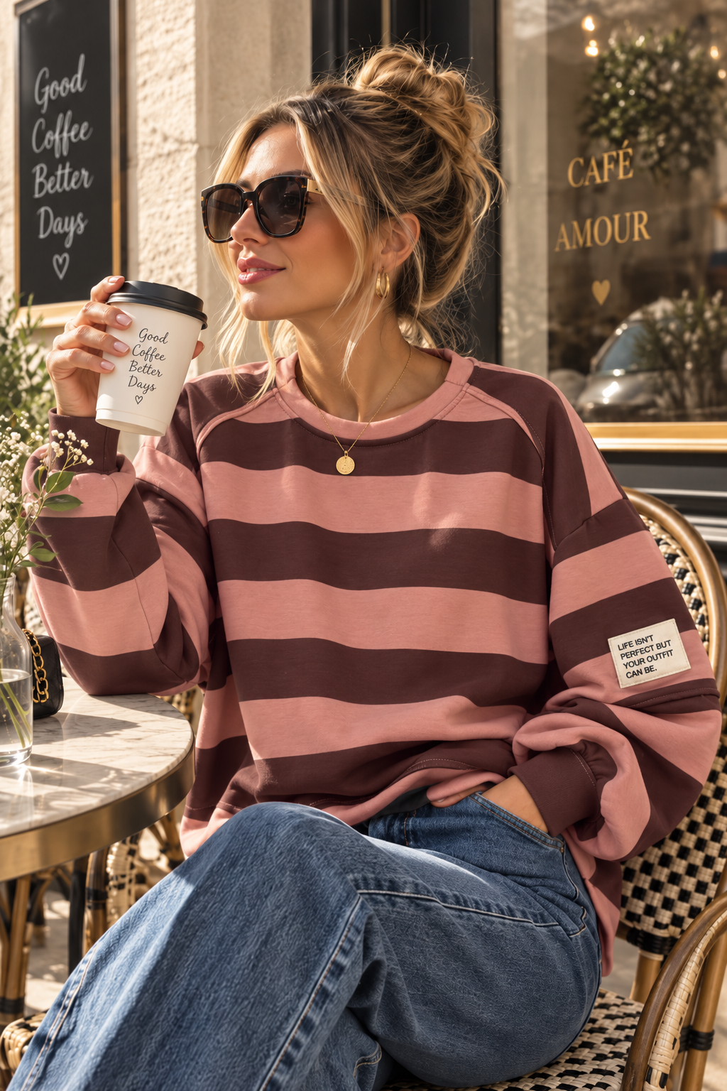 Sweater Butterstoff mit Blockstreifen & Patch I SW0070 I Made in Italy 34-42/44 Sweatshirt