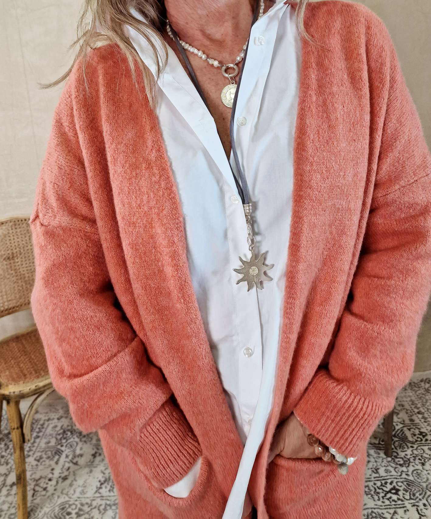 EDLER KNIT CARDIGAN TEODORA KORALLE Strick Jacke Mantel 34-42  Made in Italy