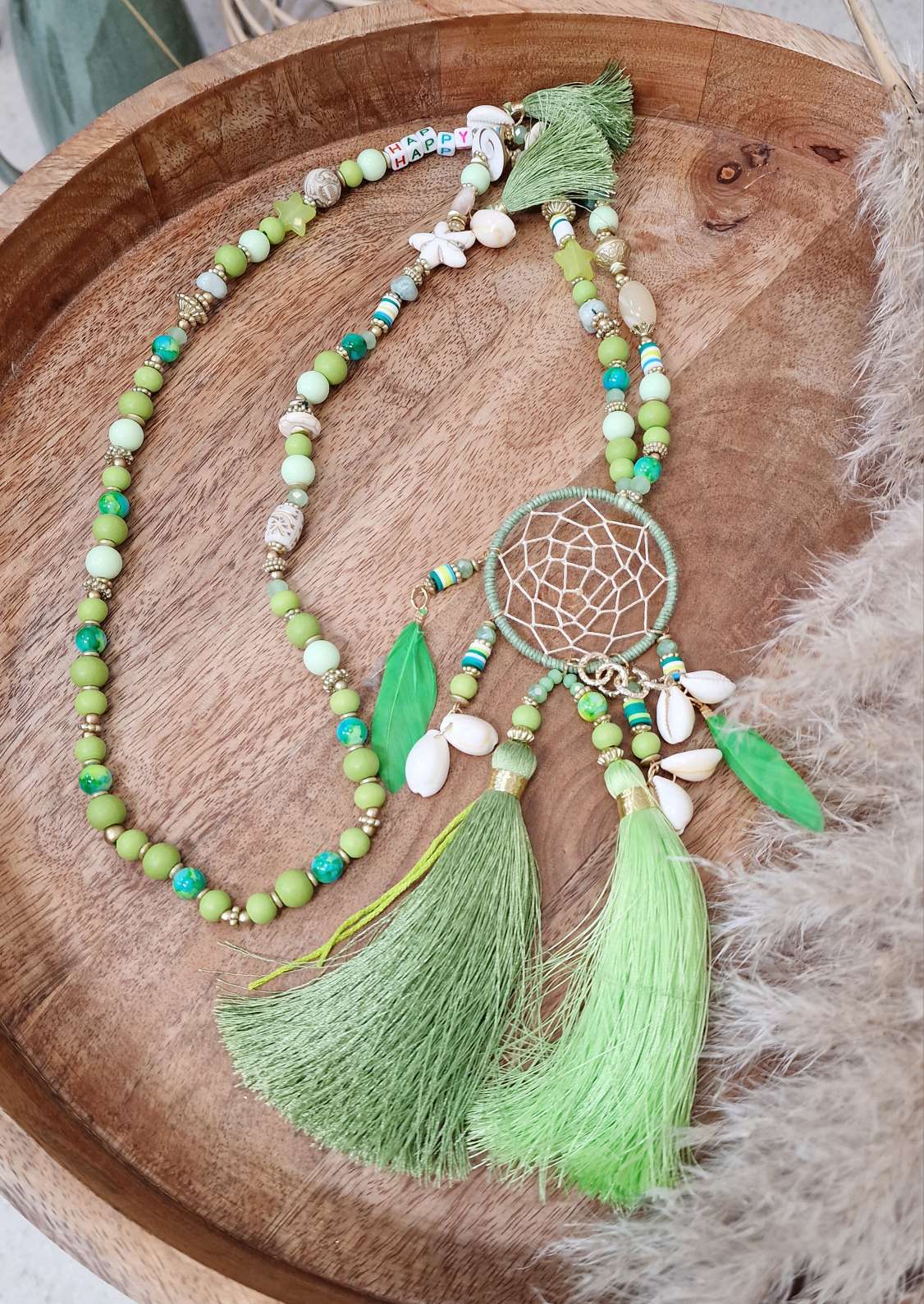 LANGE PERLENKETTE TRAUMFÄNGER GRÜN Italy Design Goldfarbig Necklace Halskette BOHO Bohemian