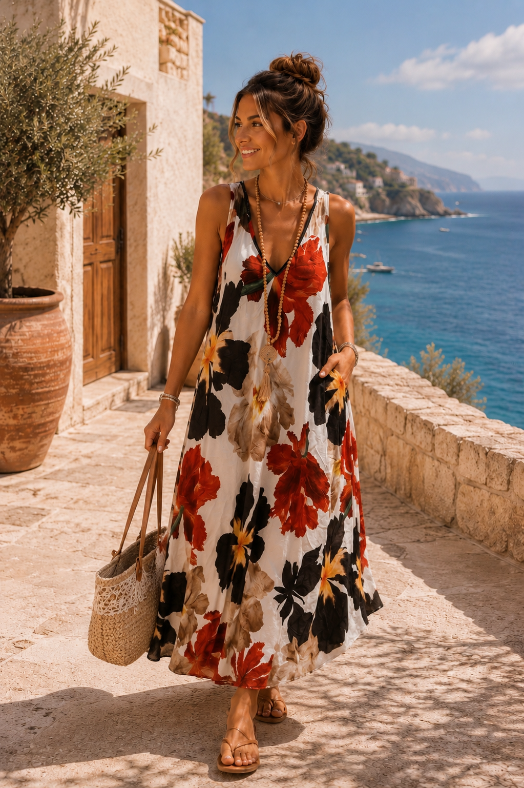 Maxikleid Bali – Made in Italy  Trendiges Leo-Kleid mit Taschen | Passend bis Größe 42/44