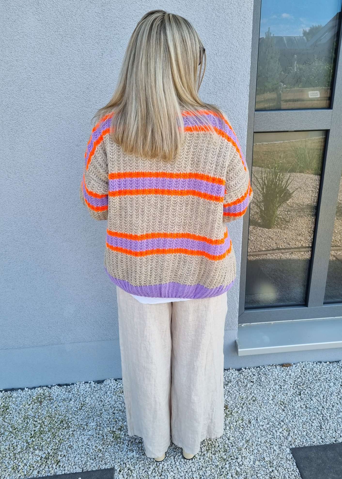 SHORT KNIT CARDIGAN MYKONOS STRIPES BEIGE FLIEDER ORANGE kurze Strick Jacke Made in Italy Streifen 34-42 SHORT KNIT CARDIGAN MYKONOS STRIPES BEIGE FLIEDER ORANGE kurze Strick Jacke Made in Italy Streifen 34-42