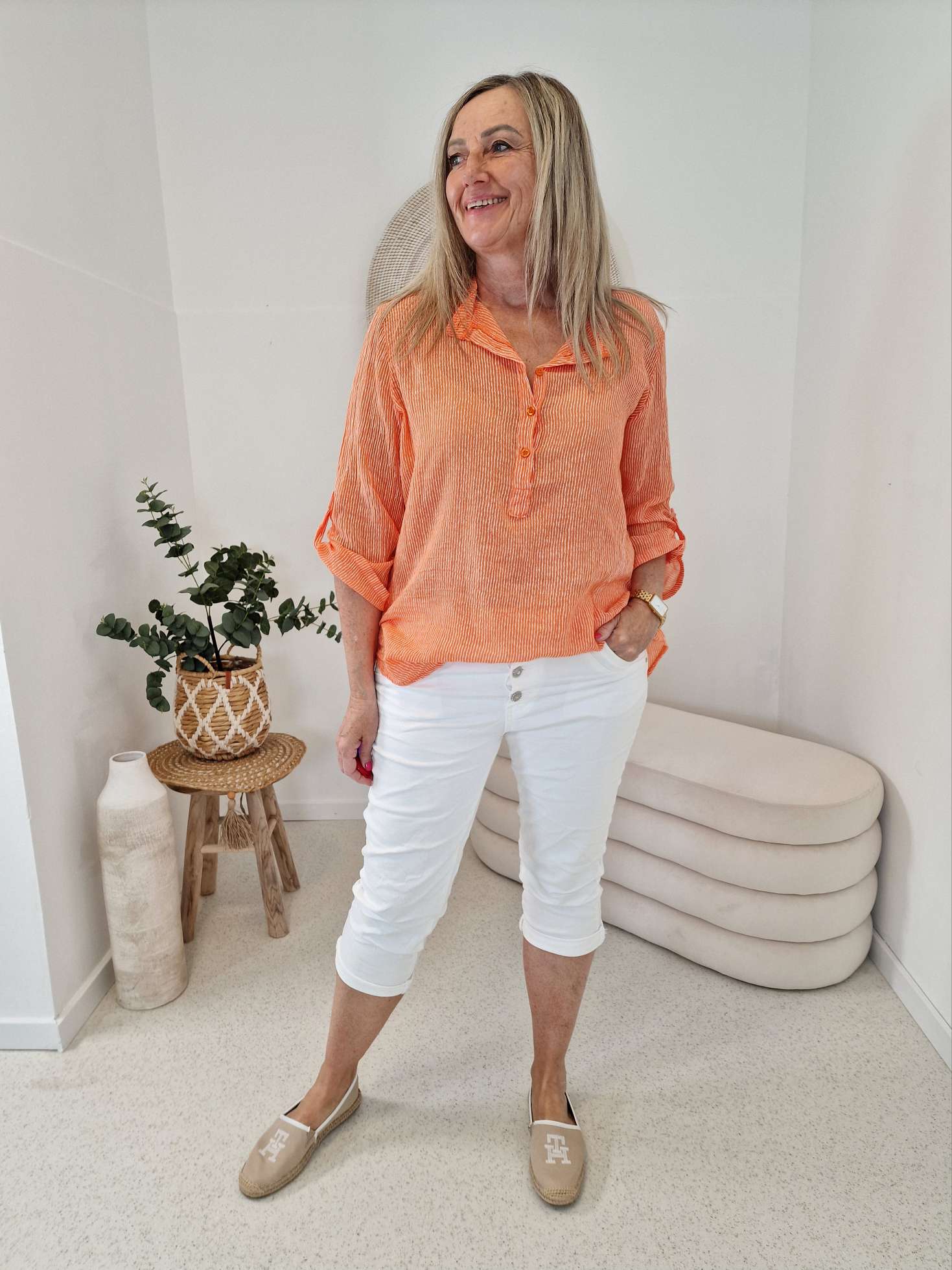 ZARTE STREIFEN BLUSE BELINDE ORANGE 34-42 langarm Bluse Shirt ZARTE STREIFEN BLUSE BELINDE ORANGE 34-42 langarm Bluse Shirt