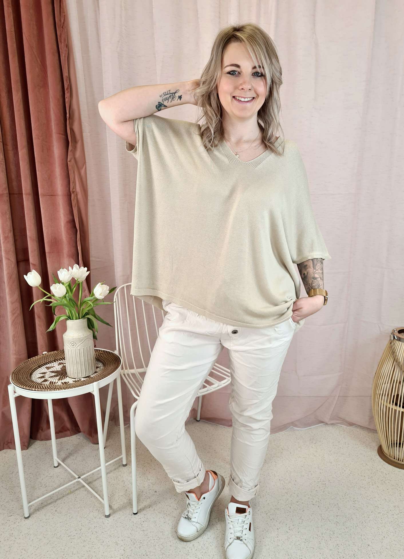 LIGHT KNIT SHIRT BRIANNA BEIGE 34-42 Made in Italy Basic Oversize T-Shirt Pullover
