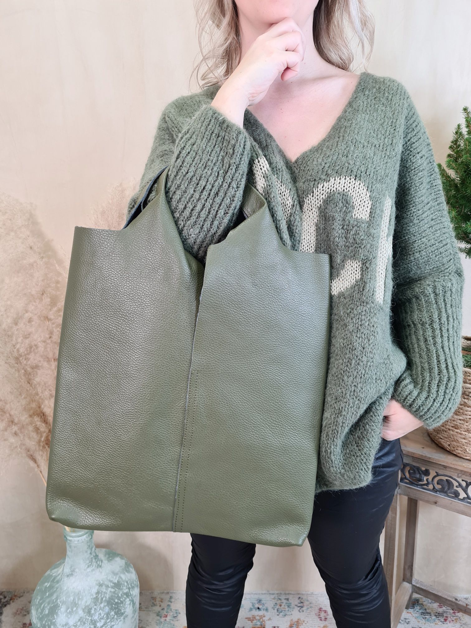 LEDER SHOPPER ADAM BIG KHAKI Made in Italy Echtleder Tasche Schultertasche versch. Farben