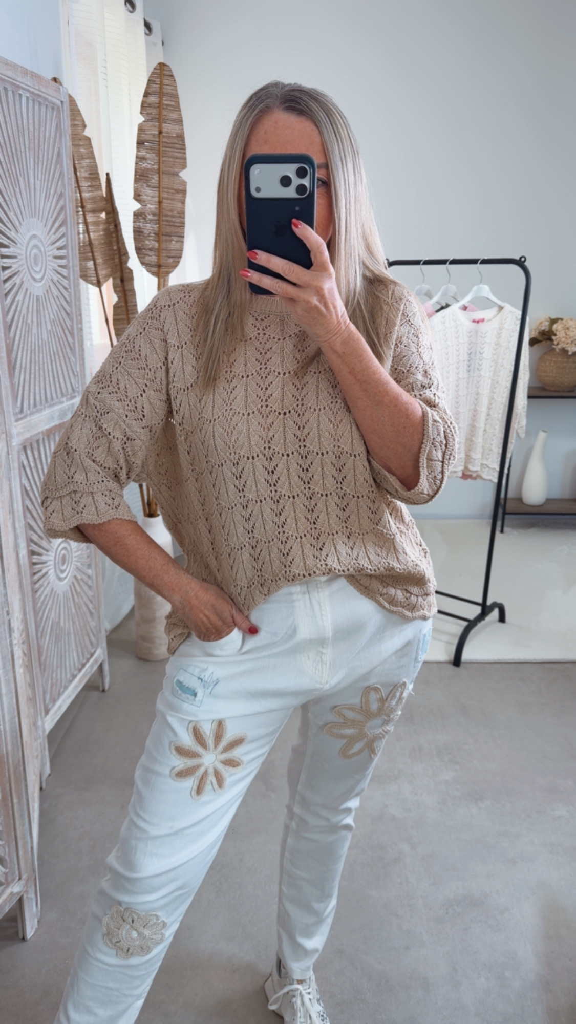 Strickshirt Lochmuster Fili Uni Made in Italy 34-42 Kurzarm Pullover