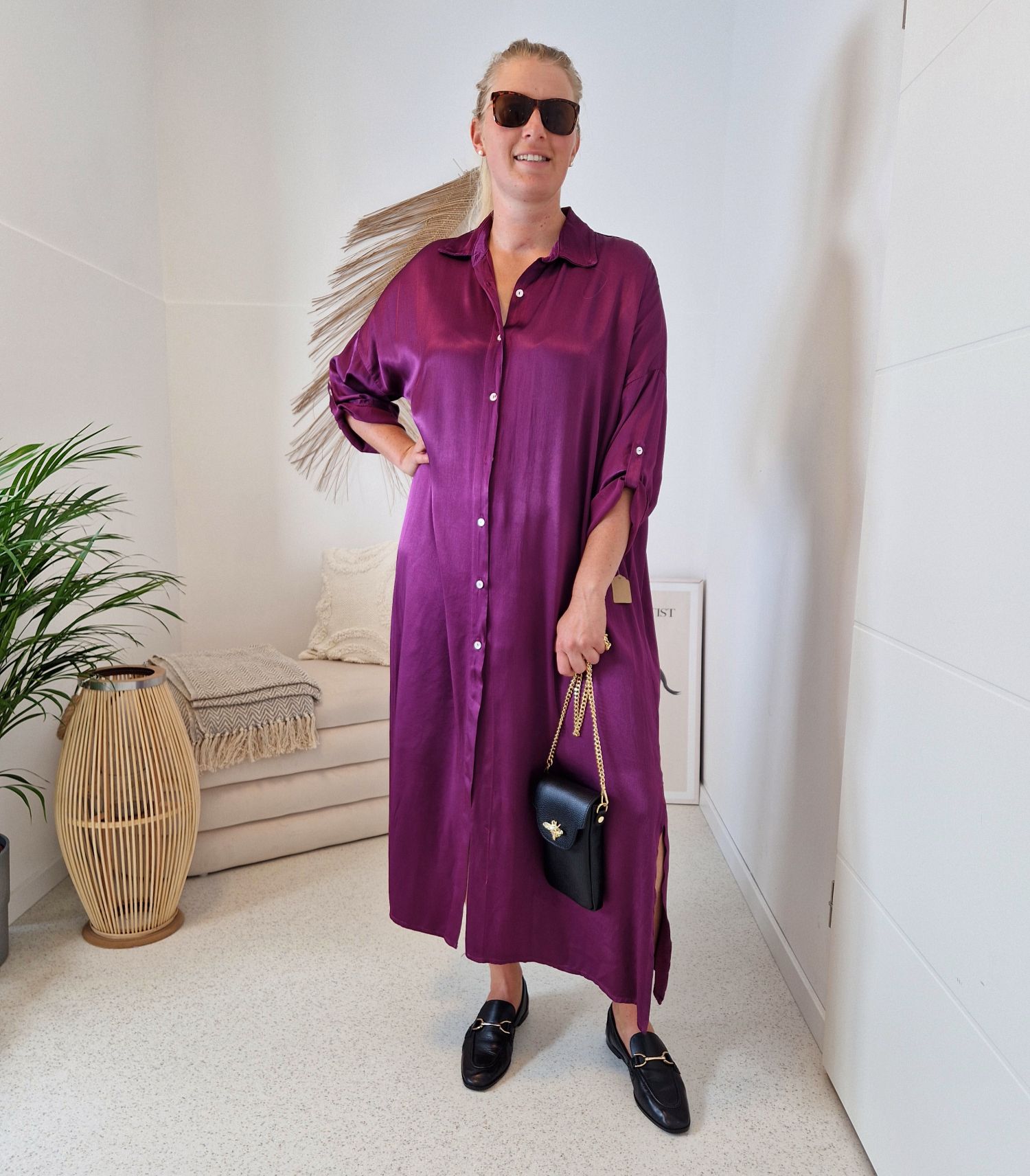 BLUSENKLEID NORA LILA 34-42/44 Made in Italy Oversize Maxi Kleid Mantel DRESS Satin Optik BLUSENKLEID NORA LILA 34-42/44 Made in Italy Oversize Maxi Kleid Mantel DRESS Satin Optik