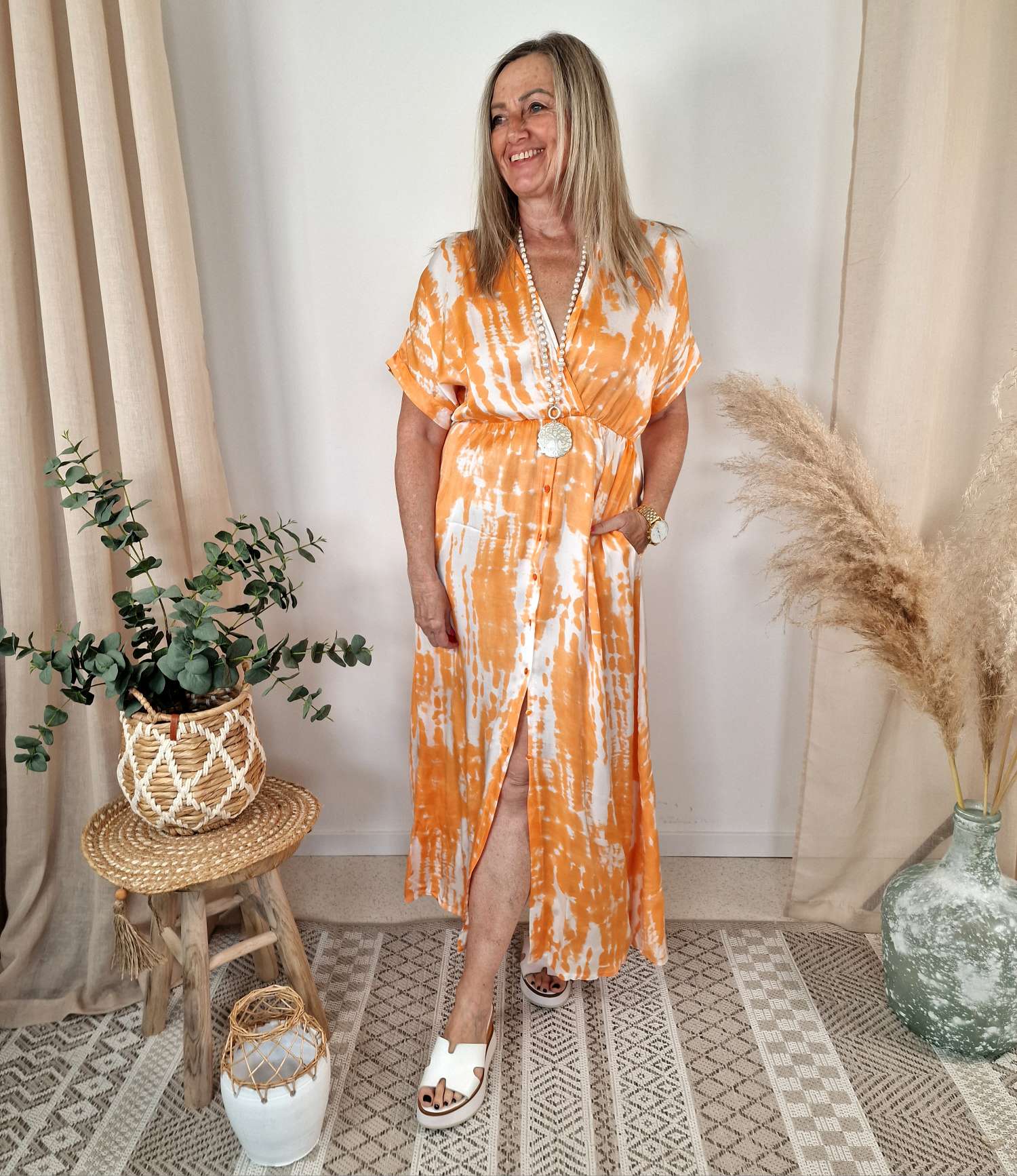 MAXI SILK DRESS MALIBU ORANGE Blusenkleid langes Kleid Seiden Viskose  Mix 34-40