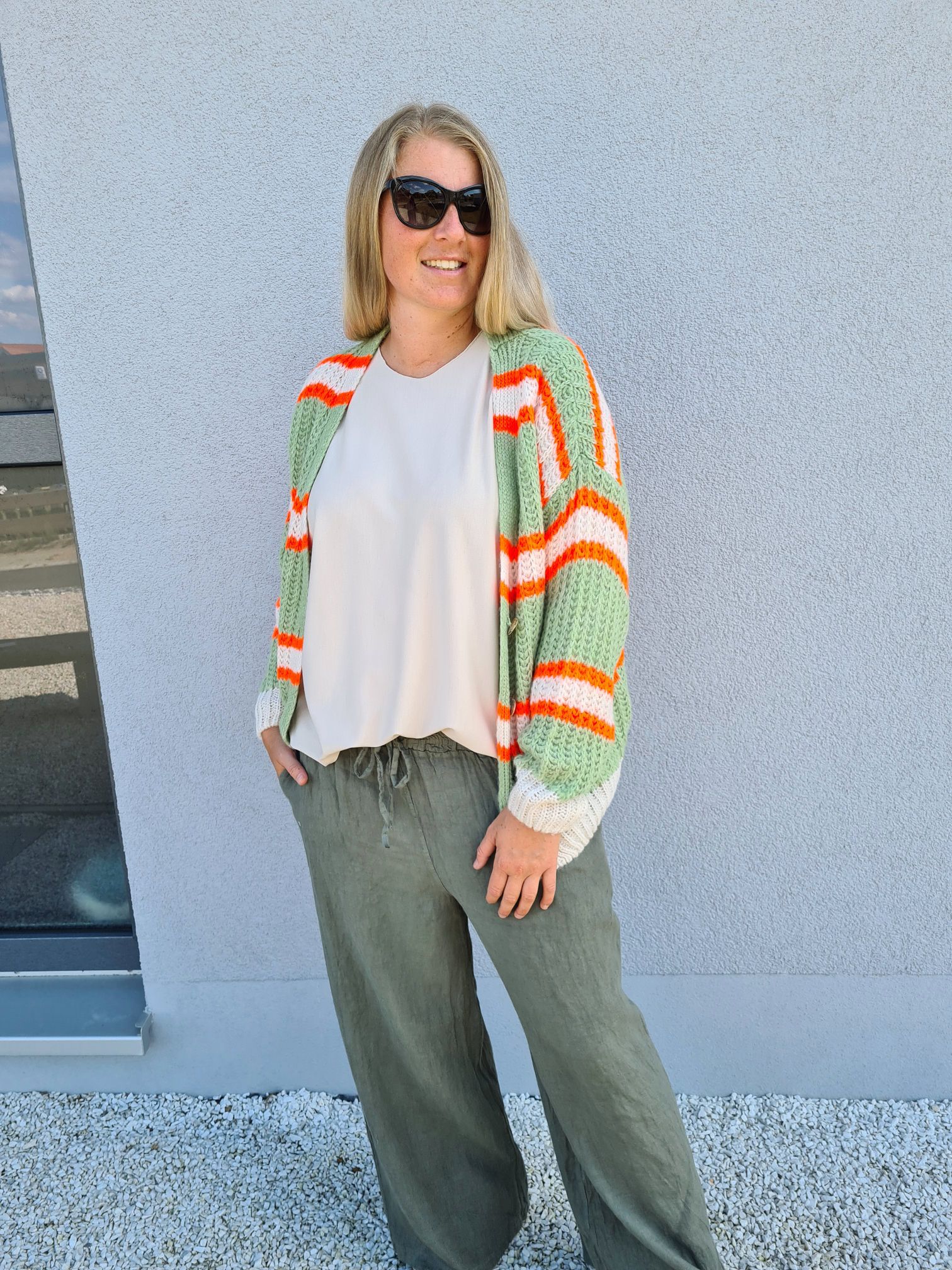 SHORT KNIT CARDIGAN MYKONOS STRIPES BUTTONS LIGHT GRÜN ORANGE CREME kurze Strick Jacke Made in Italy Streifen Knöpfe 34-42 SHORT KNIT CARDIGAN MYKONOS STRIPES BUTTONS LIGHT GRÜN ORANGE CREME kurze Strick Jacke Made in Italy Streifen Knöpfe 34-42