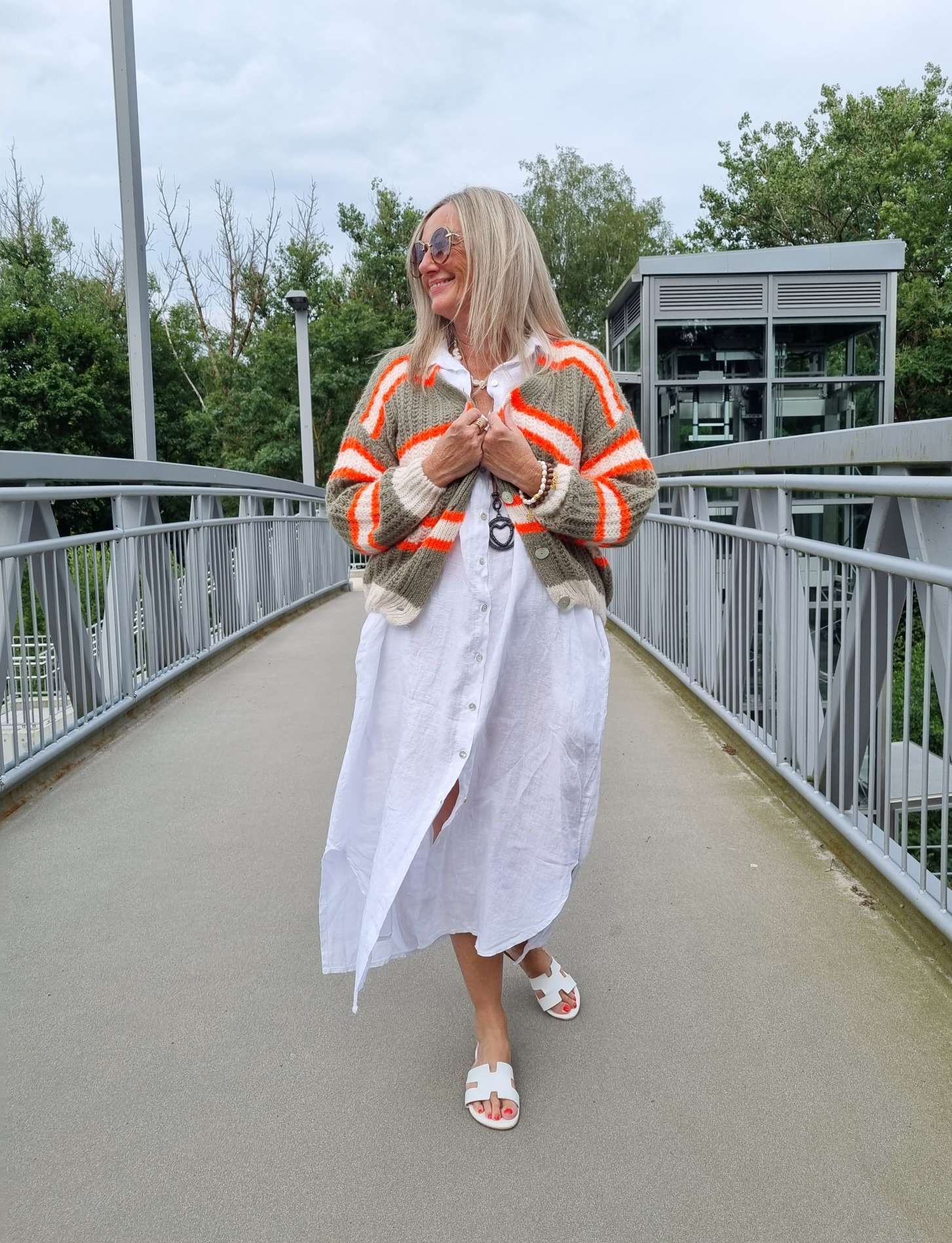 SHORT KNIT CARDIGAN MYKONOS STRIPES BUTTONS KHAKI ORANGE CREME kurze Strick Jacke Made in Italy Streifen Knöpfe 34-42 SHORT KNIT CARDIGAN MYKONOS STRIPES BUTTONS KHAKI ORANGE CREME kurze Strick Jacke Made in Italy Streifen Knöpfe 34-42