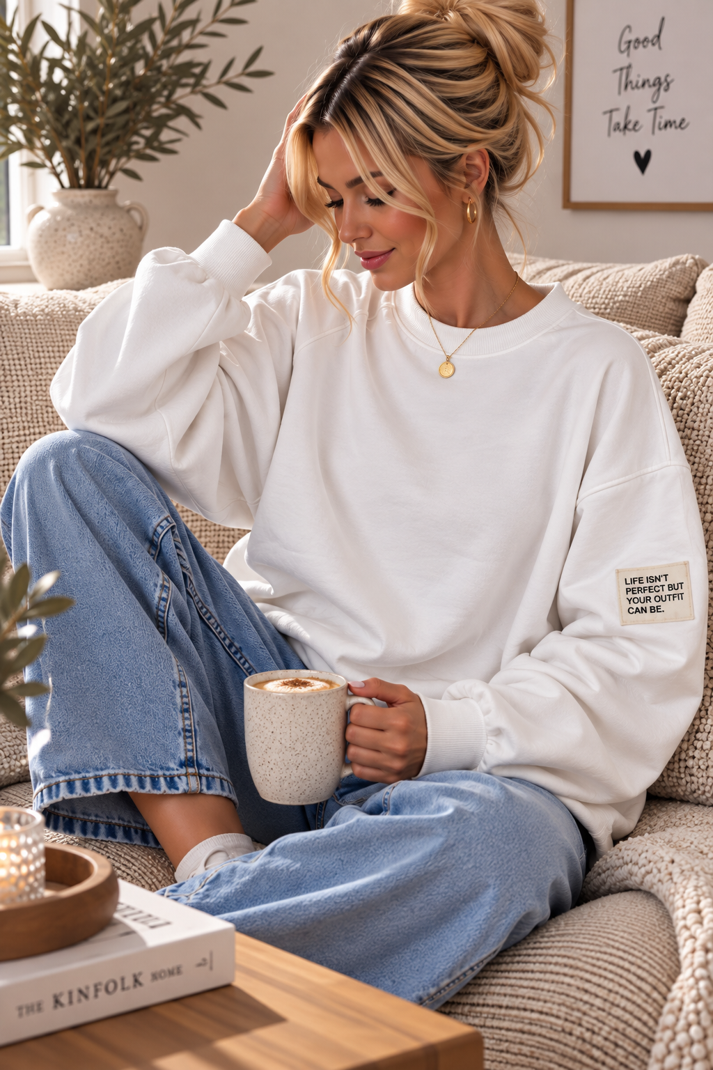 Butterstoff-Sweatshirt uni mit Statement-Patch – SW0094 Made in Italy Gr 34-42