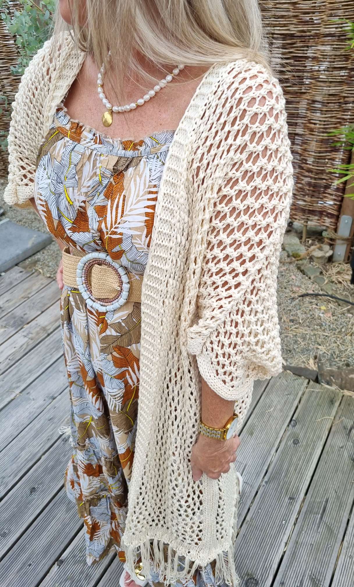LONG CARDIGAN KOS FRINGES BEIGE Langer Strick Mantel Jacke Made in Italy Lochmuster Häkel 34-42/44 LONG CARDIGAN KOS FRINGES BEIGE Langer Strick Mantel Jacke Made in Italy Lochmuster Häkel 34-42/44